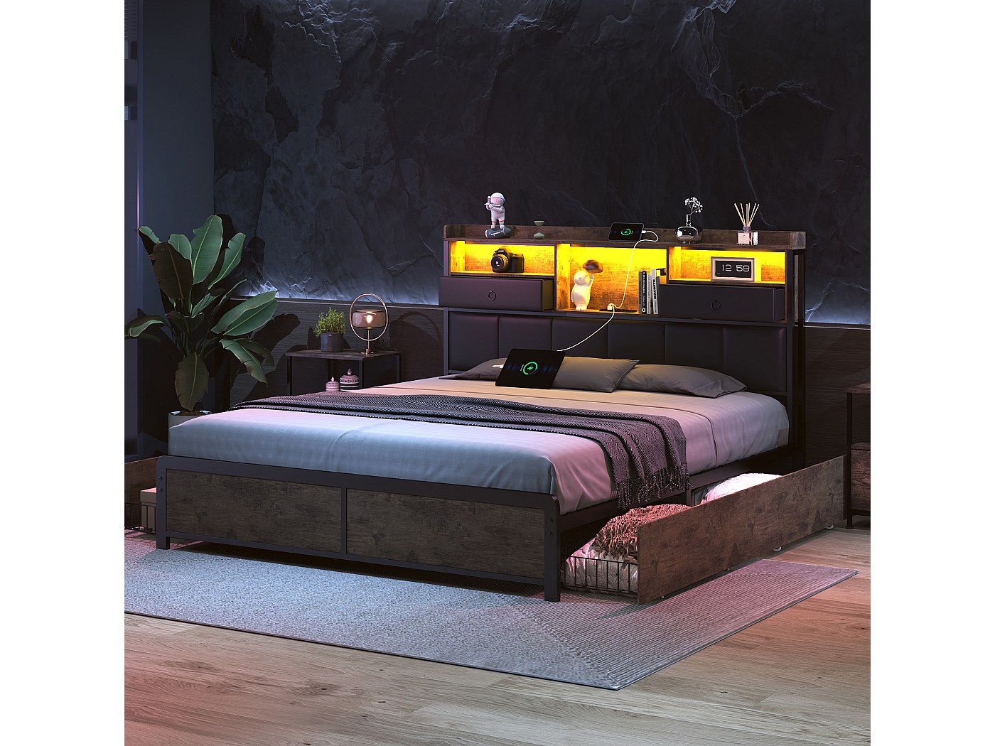 Lit adulte 160x200cm, lit double avec LED et tiroirs, lit en fer avec ...