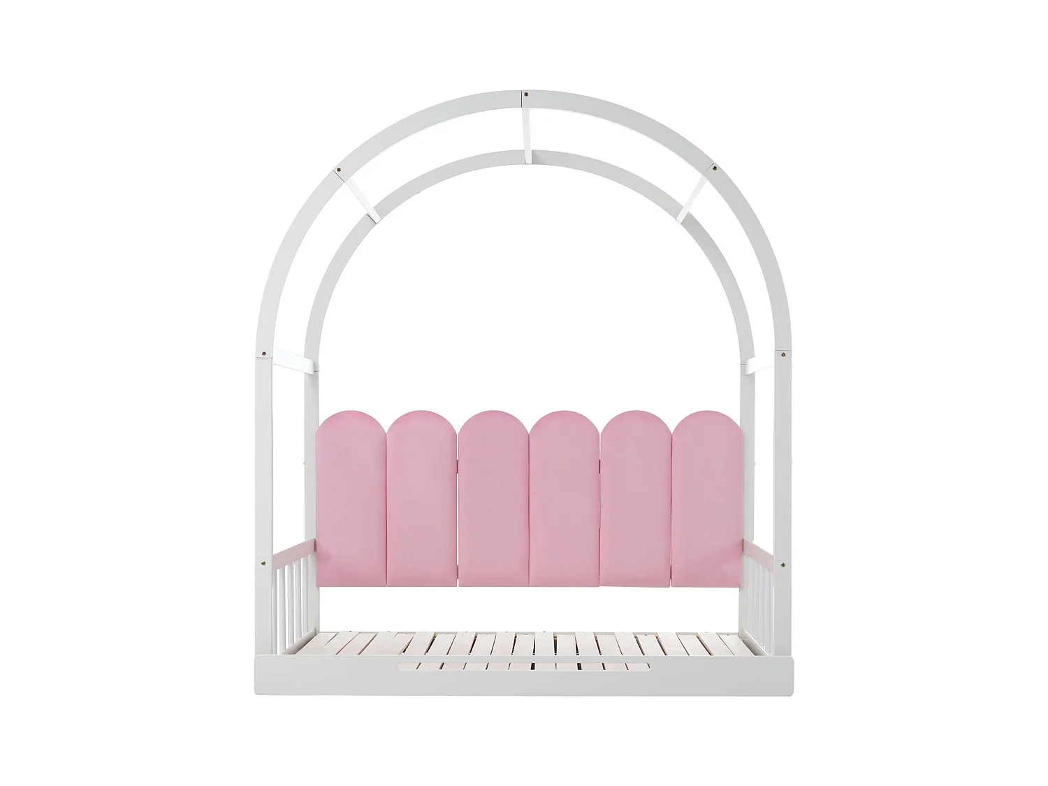 Uitschuifbaar hutbed met gebogen dak, fluwelen kussens, frame van grenenhout, wit + roze 140 x 100 cm/140 x 200 cm