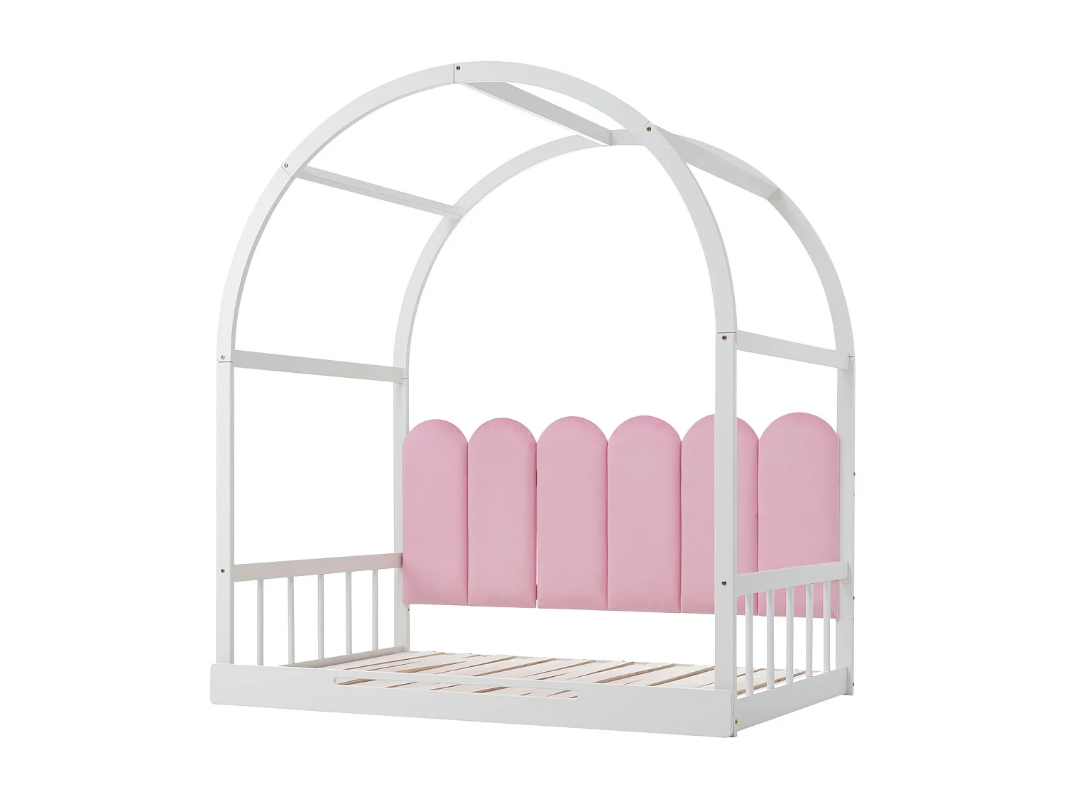 Lit cabane à Toit Arqué Extensible, Coussins en Velours, Cadre en Bois de Pin, Blanc+Rose 140 x 100 cm/140 x 200 cm