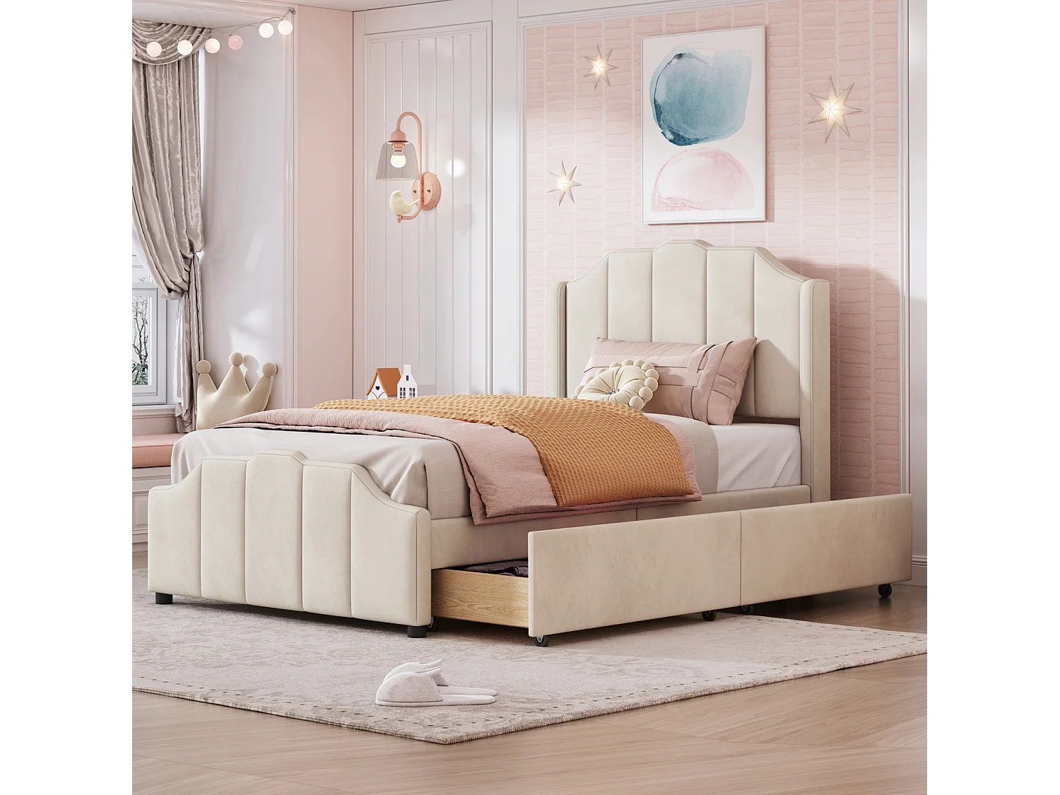 Lit simple 90x200cm avec 2 tiroirs, cadre de lit en bois avec sommier à lattes et tête de lit velours, rose