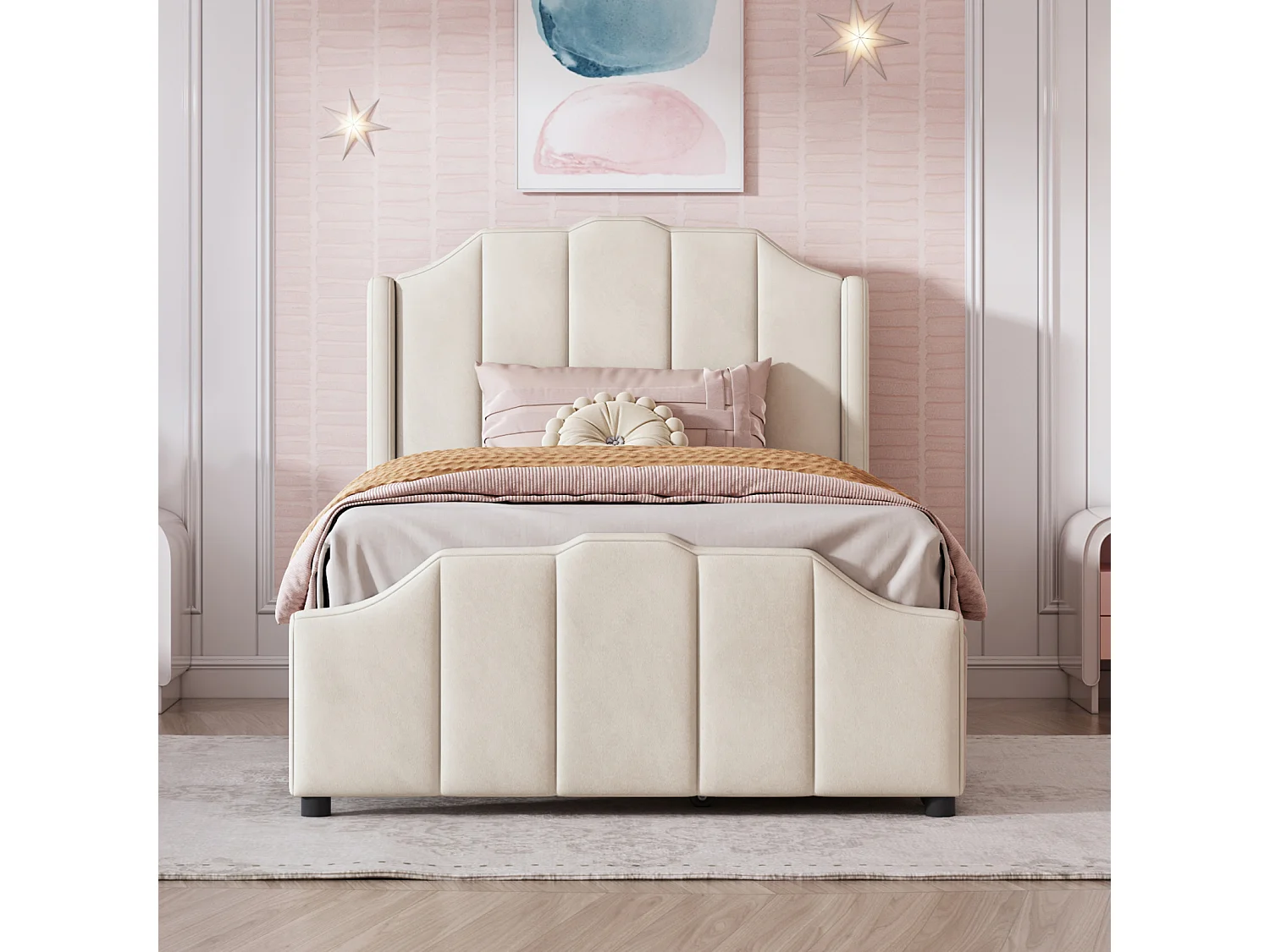 Lit simple 90x200cm avec 2 tiroirs, cadre de lit en bois avec sommier à lattes et tête de lit velours, rose