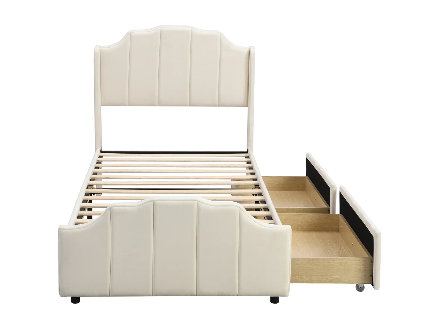 Lit simple 90x200cm avec 2 tiroirs, cadre de lit en bois avec sommier à lattes et tête de lit velours, rose