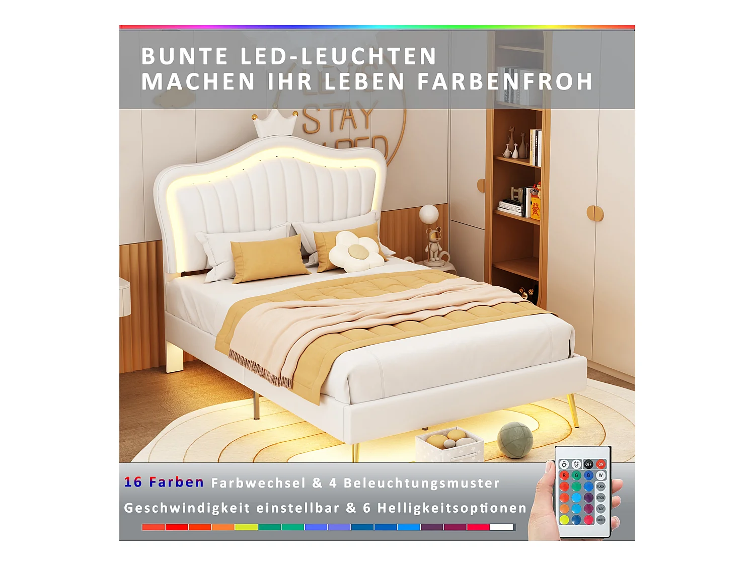 Cama individual de 90 x 200 cm - Cama de piel sintética con lámparas LED, somier de láminas y cabecero de corona (estilo peinado) para adolescentes - Blanco