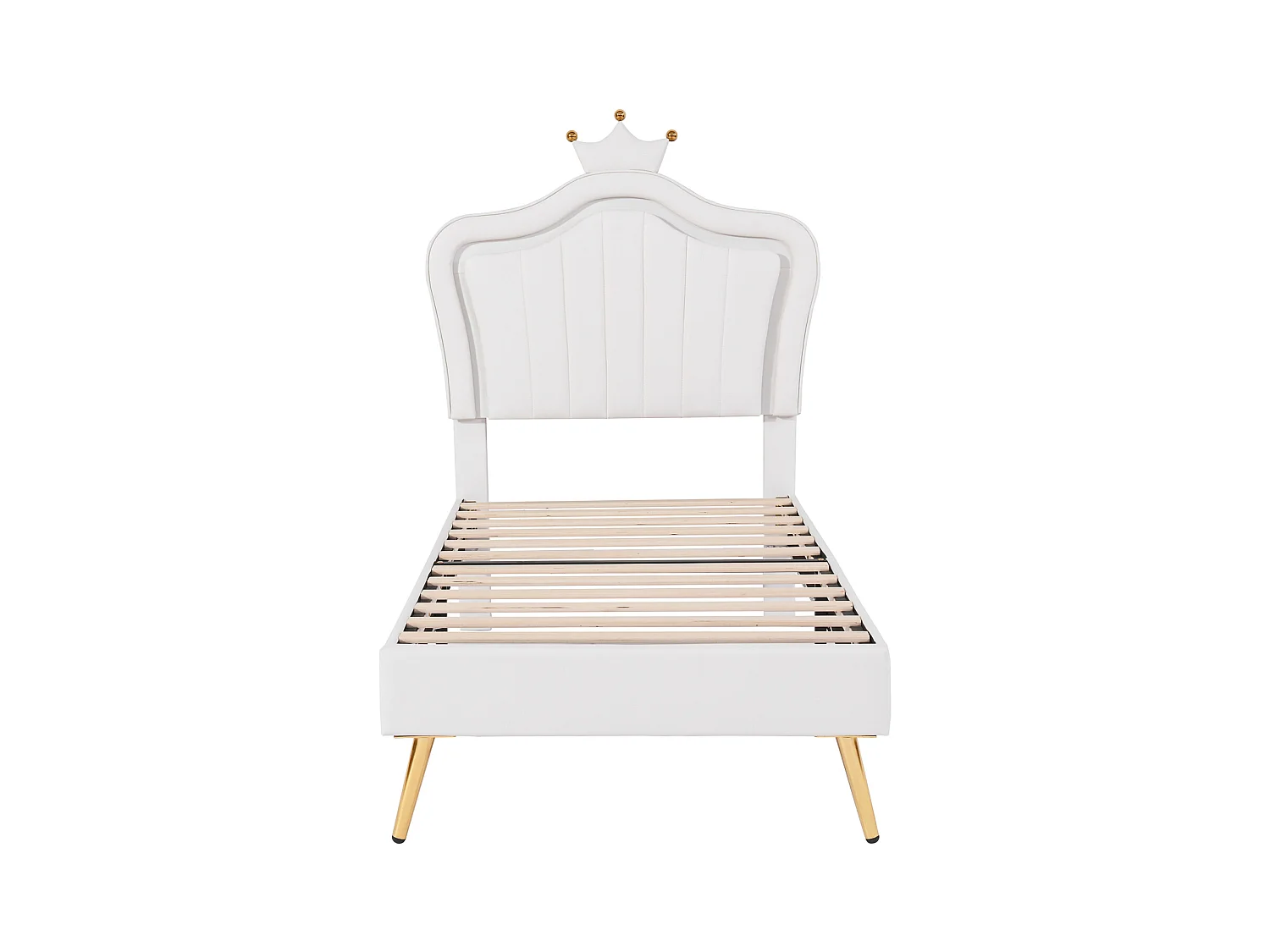 Cama individual de 90 x 200 cm - Cama de piel sintética con lámparas LED, somier de láminas y cabecero de corona (estilo peinado) para adolescentes - Blanco