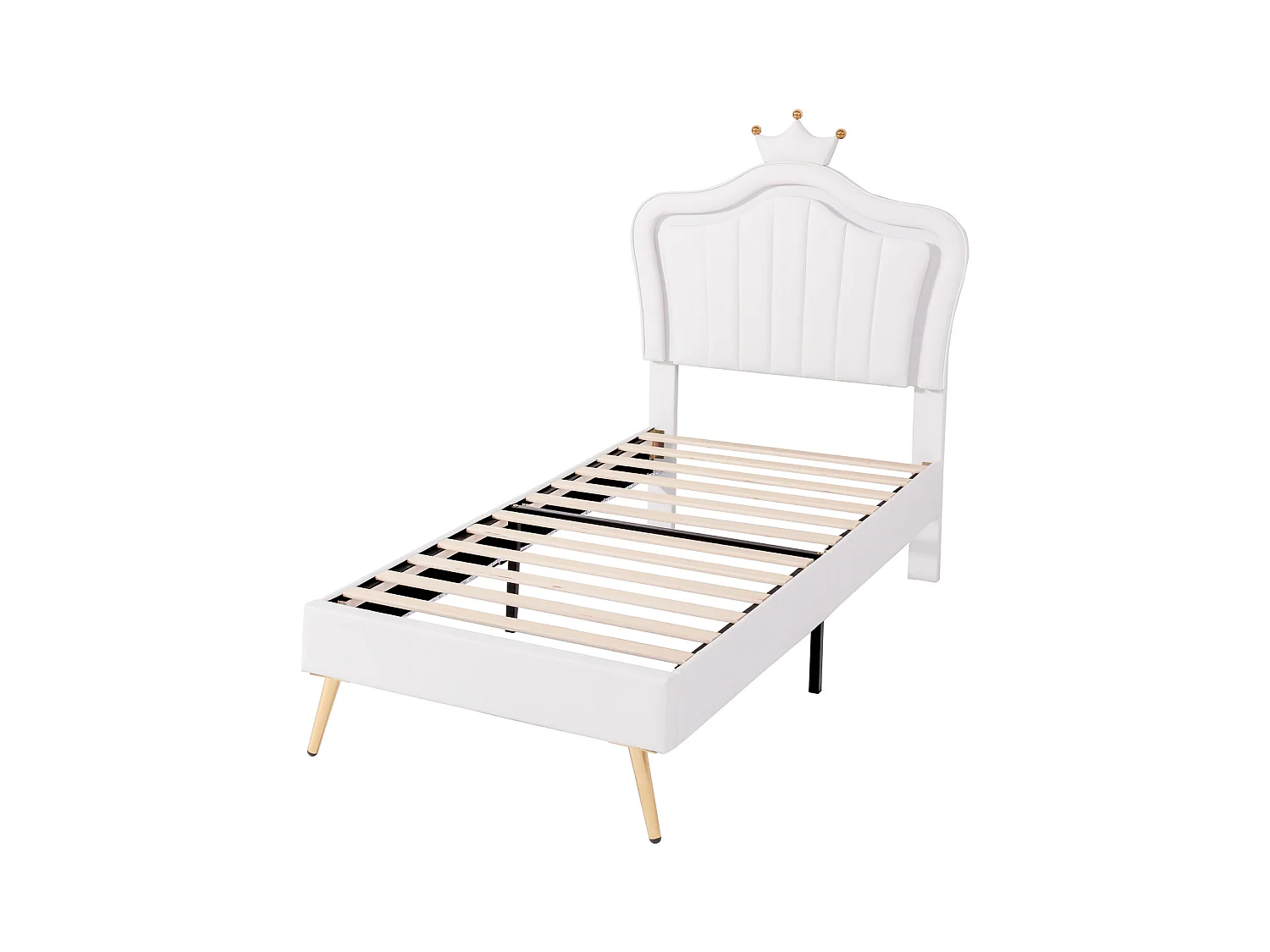 Cama individual de 90 x 200 cm - Cama de piel sintética con lámparas LED, somier de láminas y cabecero de corona (estilo peinado) para adolescentes - Blanco