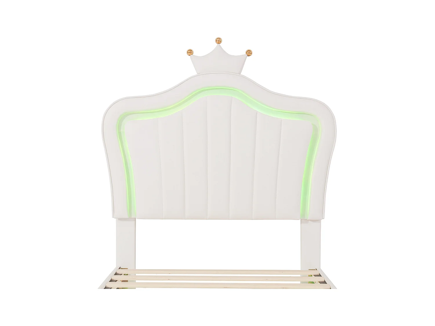 Cama individual de 90 x 200 cm - Cama de piel sintética con lámparas LED, somier de láminas y cabecero de corona (estilo peinado) para adolescentes - Blanco