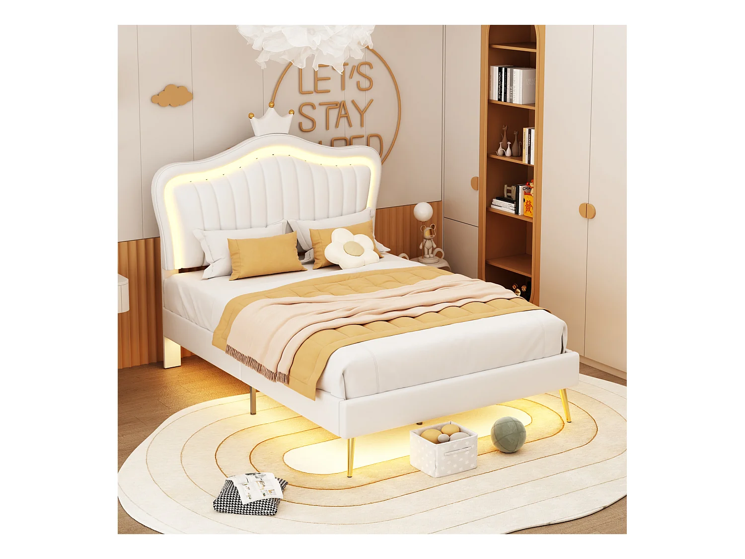 Cama individual de 90 x 200 cm - Cama de piel sintética con lámparas LED, somier de láminas y cabecero de corona (estilo peinado) para adolescentes - Blanco