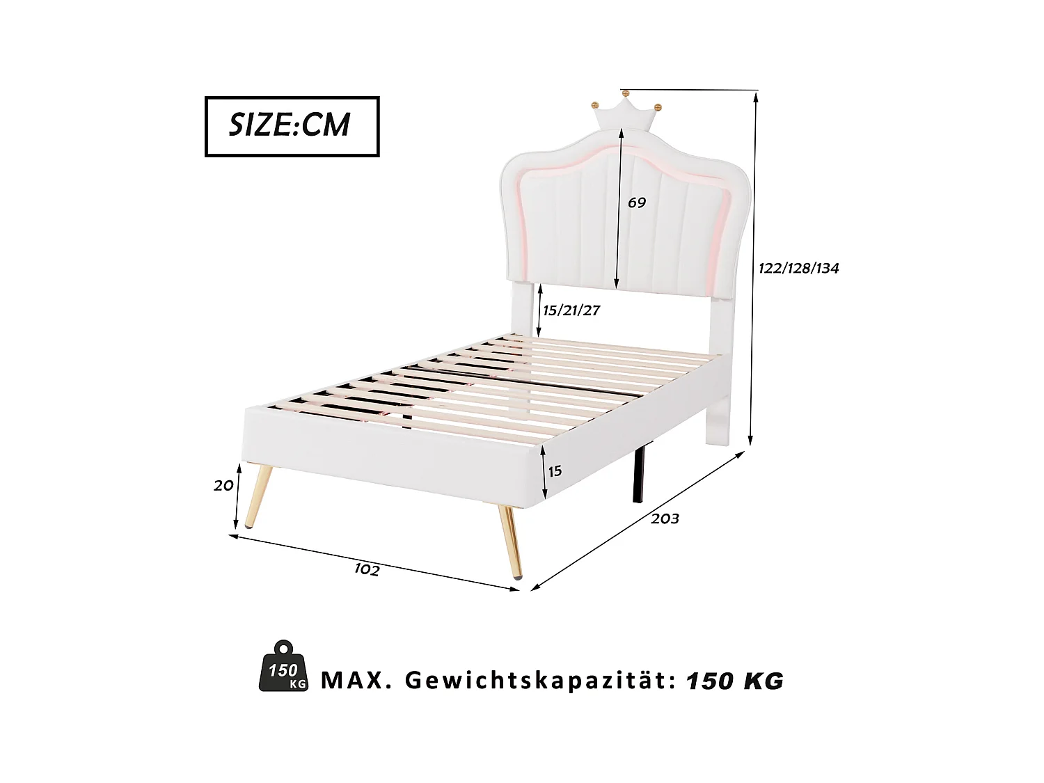 Cama individual de 90 x 200 cm - Cama de piel sintética con lámparas LED, somier de láminas y cabecero de corona (estilo peinado) para adolescentes - Blanco