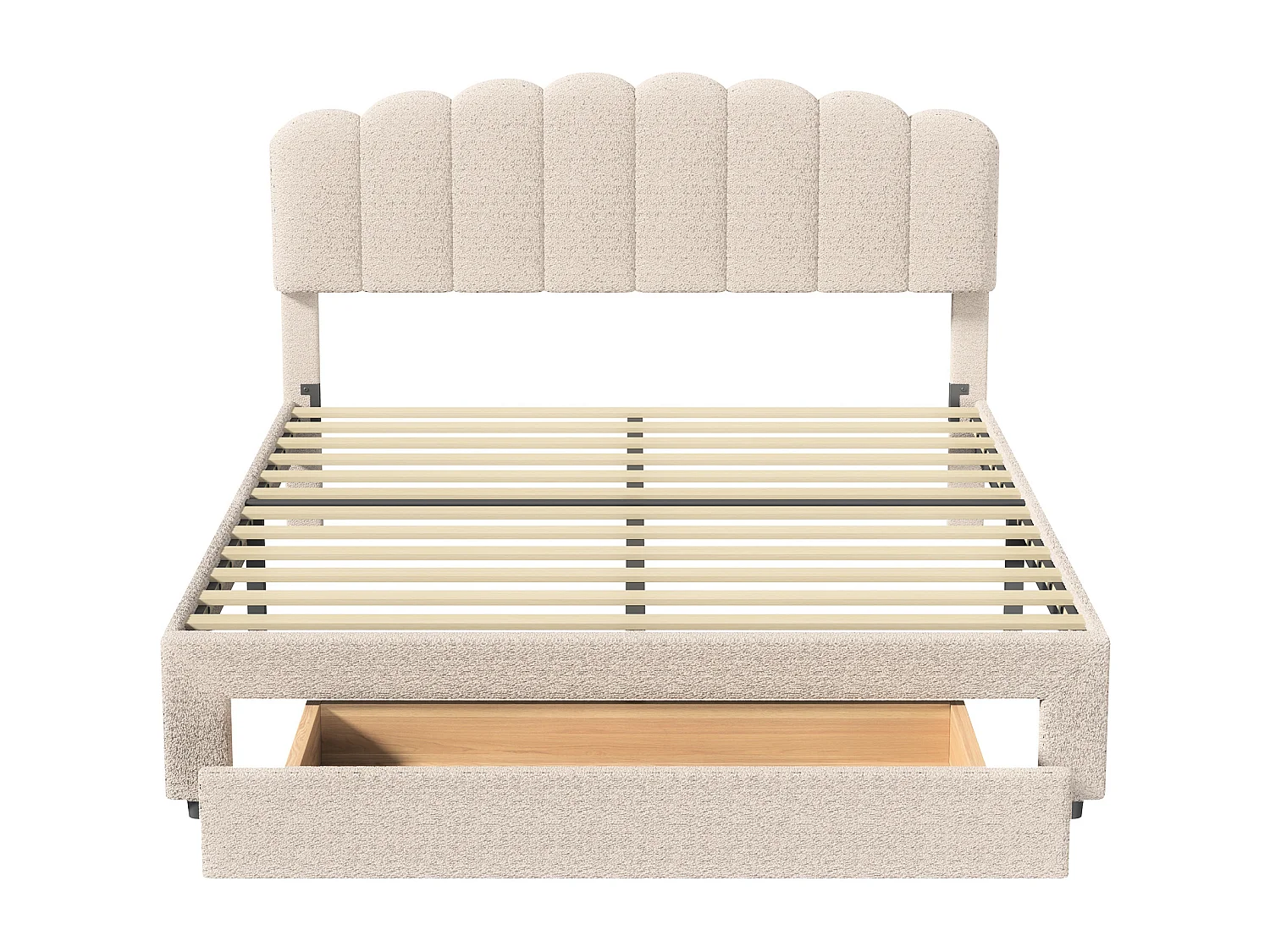 Letto matrimoniale imbottito 160x200cm con USB e cassetti grandi - tessuto sherpa - con rete a doghe - Beige