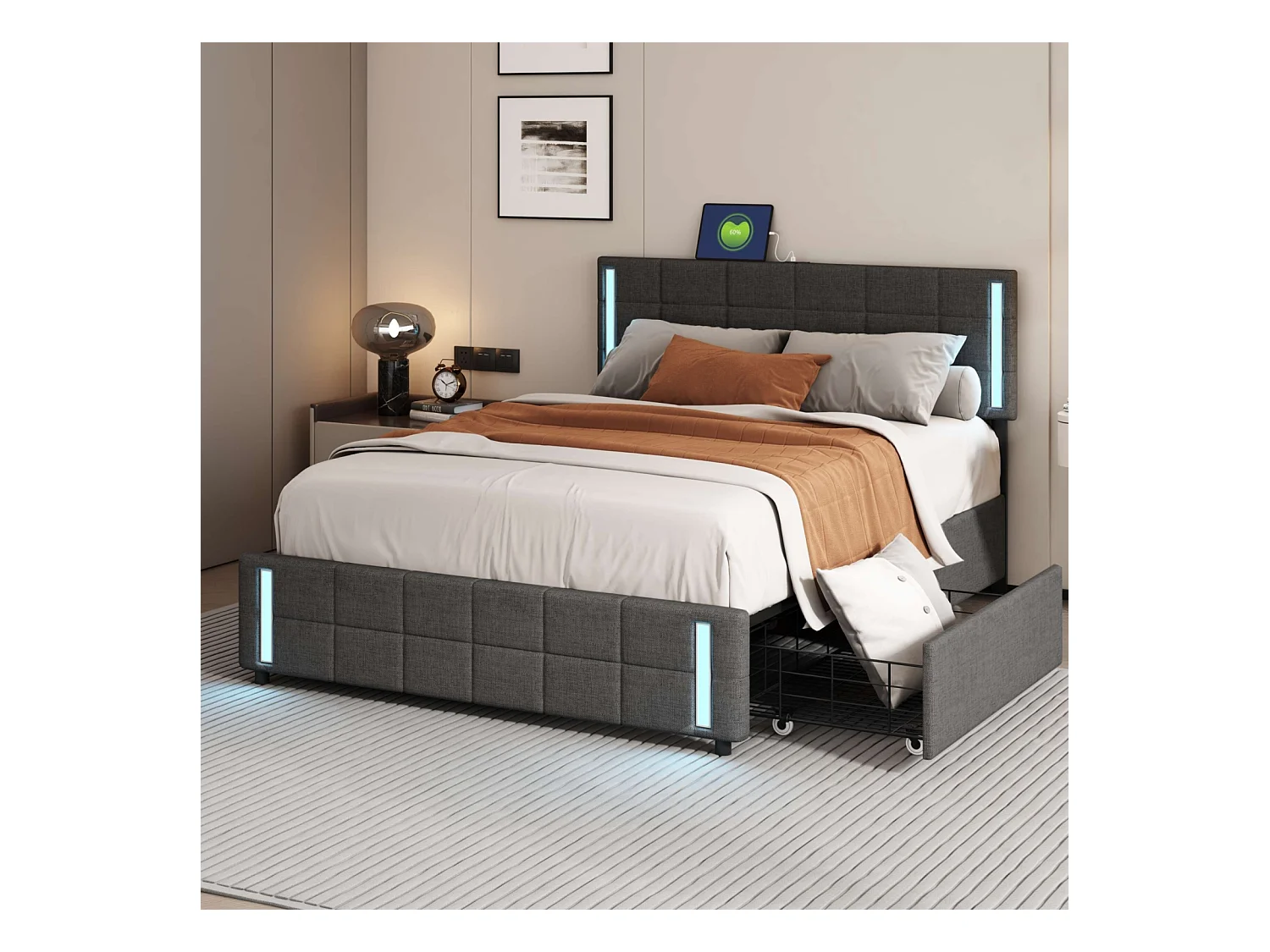 Volwassen bed 140x200cm, tweepersoonsbed met 4 lades, lattenbodem, hoofdbord met LED en 2 USB-oplaadstations, linnen, grijs