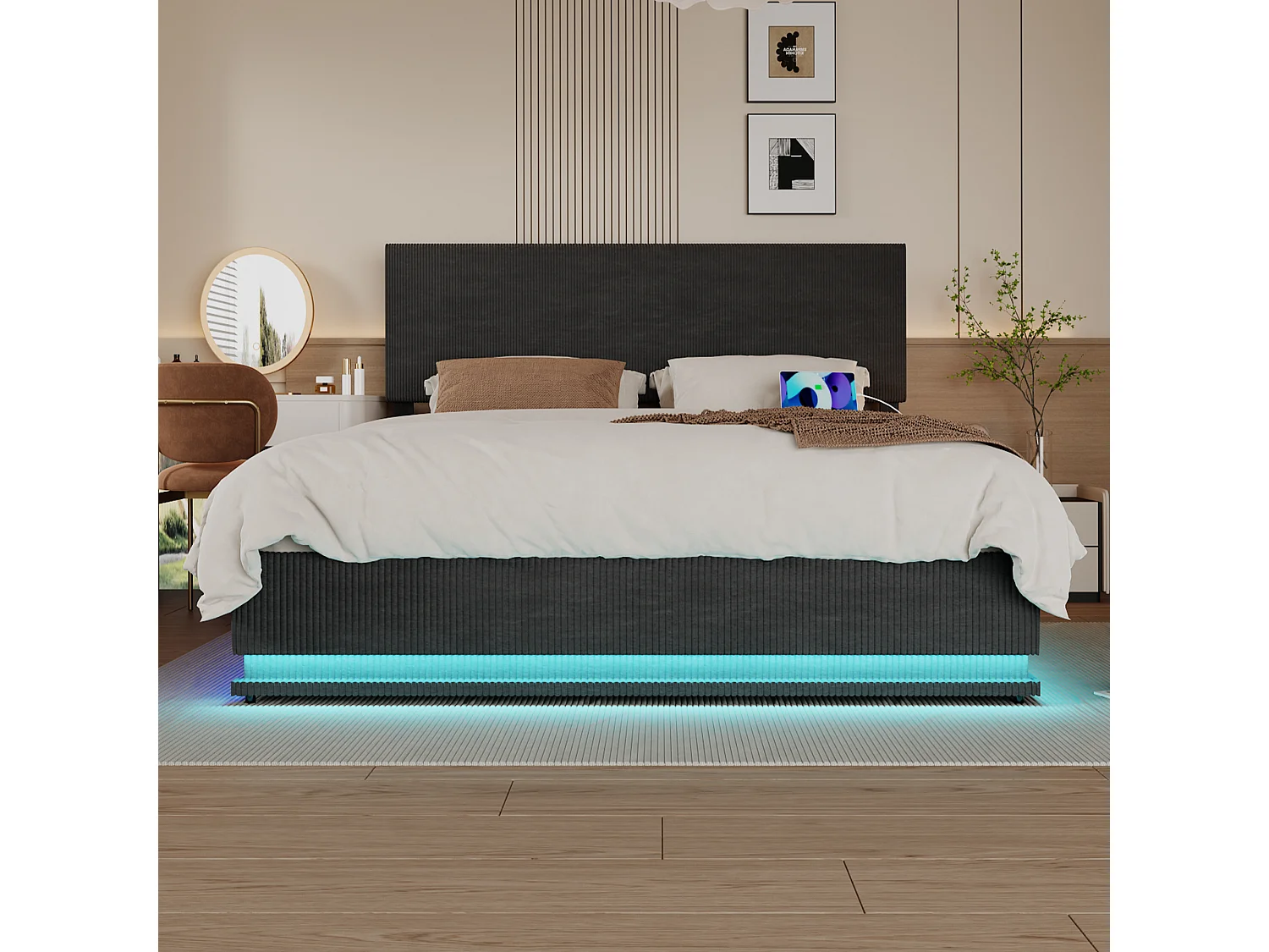 Lit coffre 140x200cm -LED avec sommier à lattes, tête de lit réglable et port USB - en velours gris