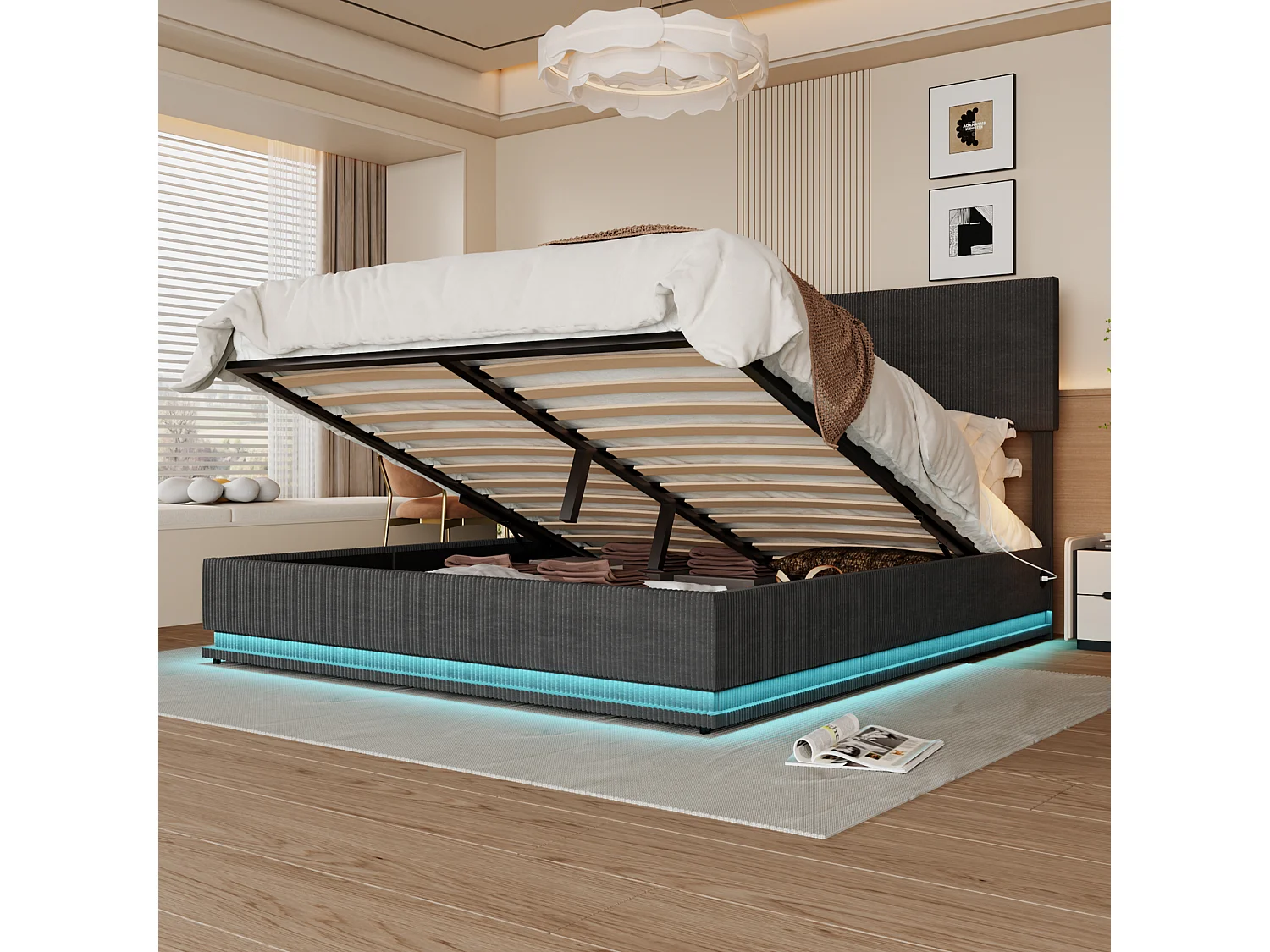 Lit coffre 140x200cm -LED avec sommier à lattes, tête de lit réglable et port USB - en velours gris