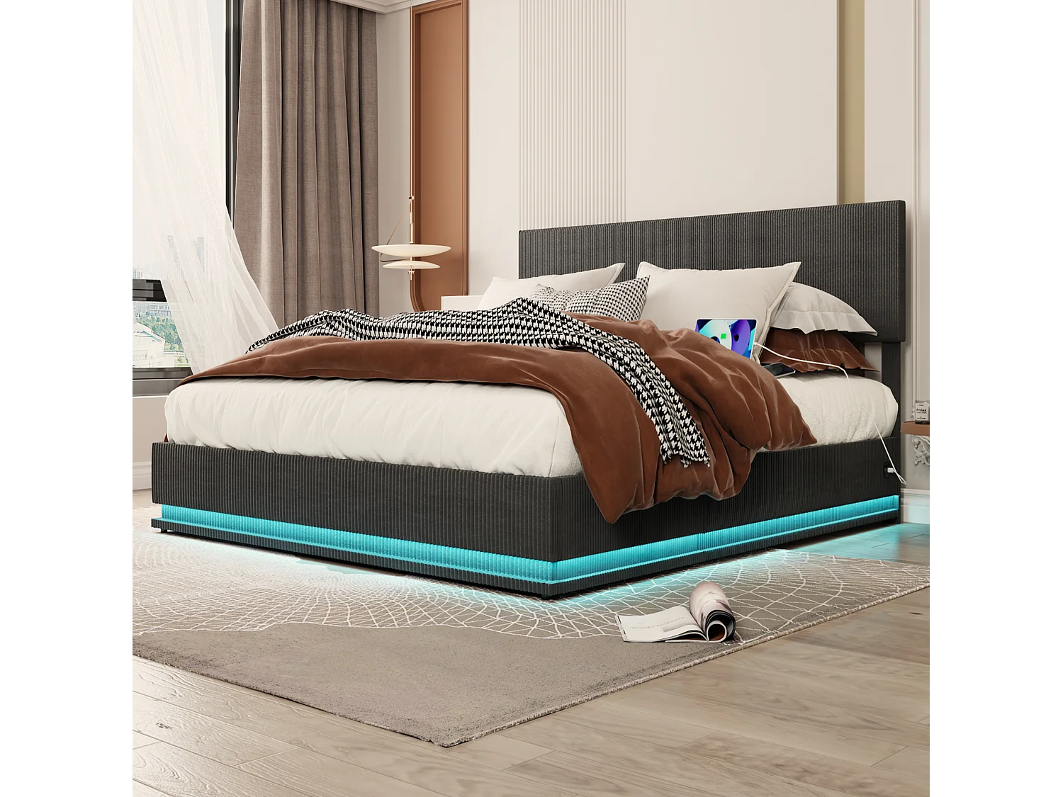 Lit coffre 140x200cm -LED avec sommier à lattes, tête de lit réglable et port USB - en velours gris