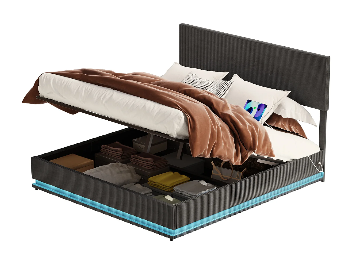 Lit coffre 140x200cm -LED avec sommier à lattes, tête de lit réglable et port USB - en velours gris