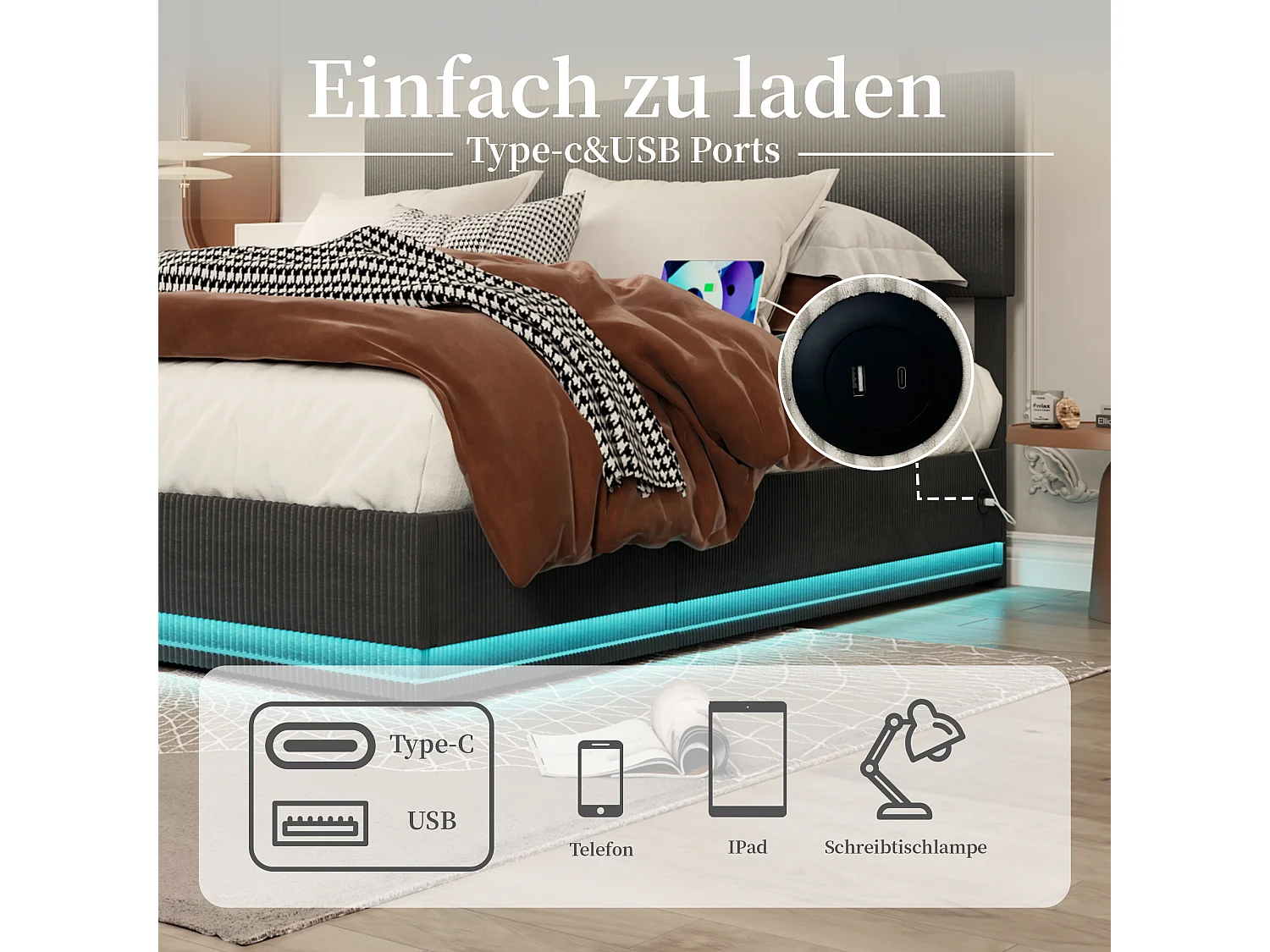 Lit coffre 140x200cm -LED avec sommier à lattes, tête de lit réglable et port USB - en velours gris