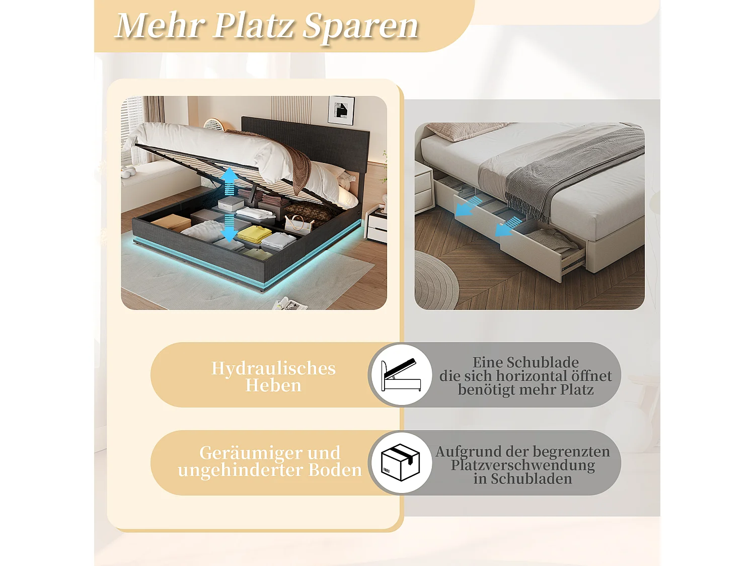 Lit coffre 140x200cm -LED avec sommier à lattes, tête de lit réglable et port USB - en velours gris