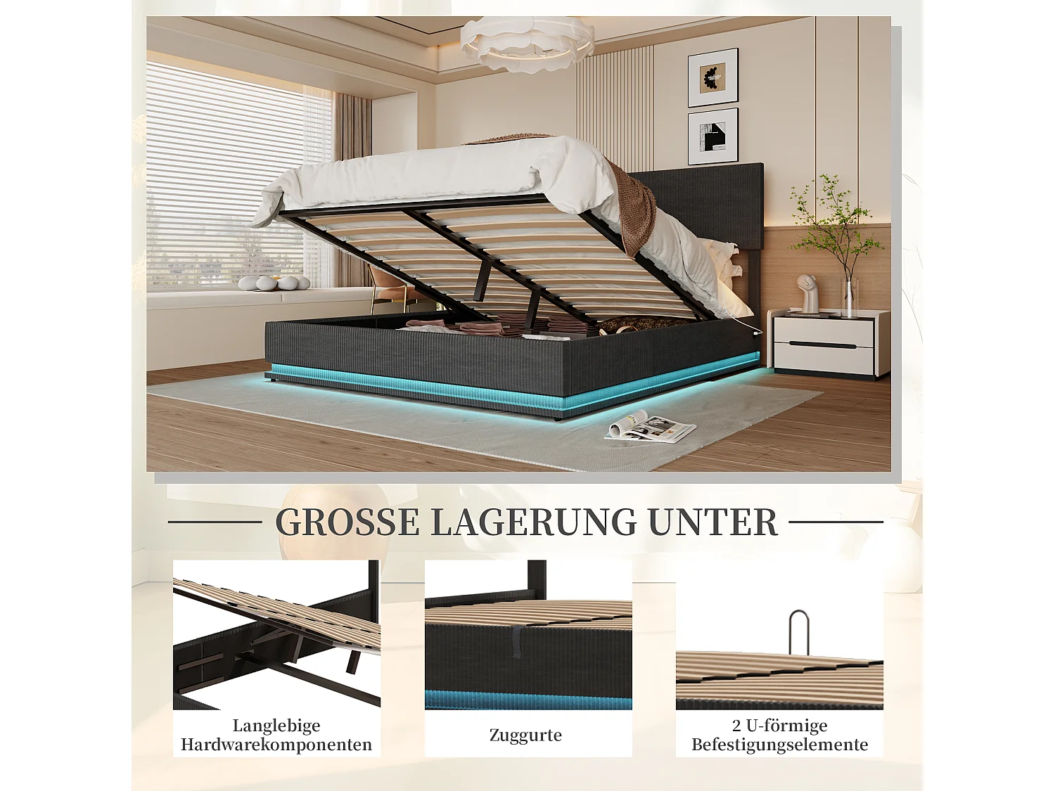 Lit coffre 140x200cm -LED avec sommier à lattes, tête de lit réglable et port USB - en velours gris