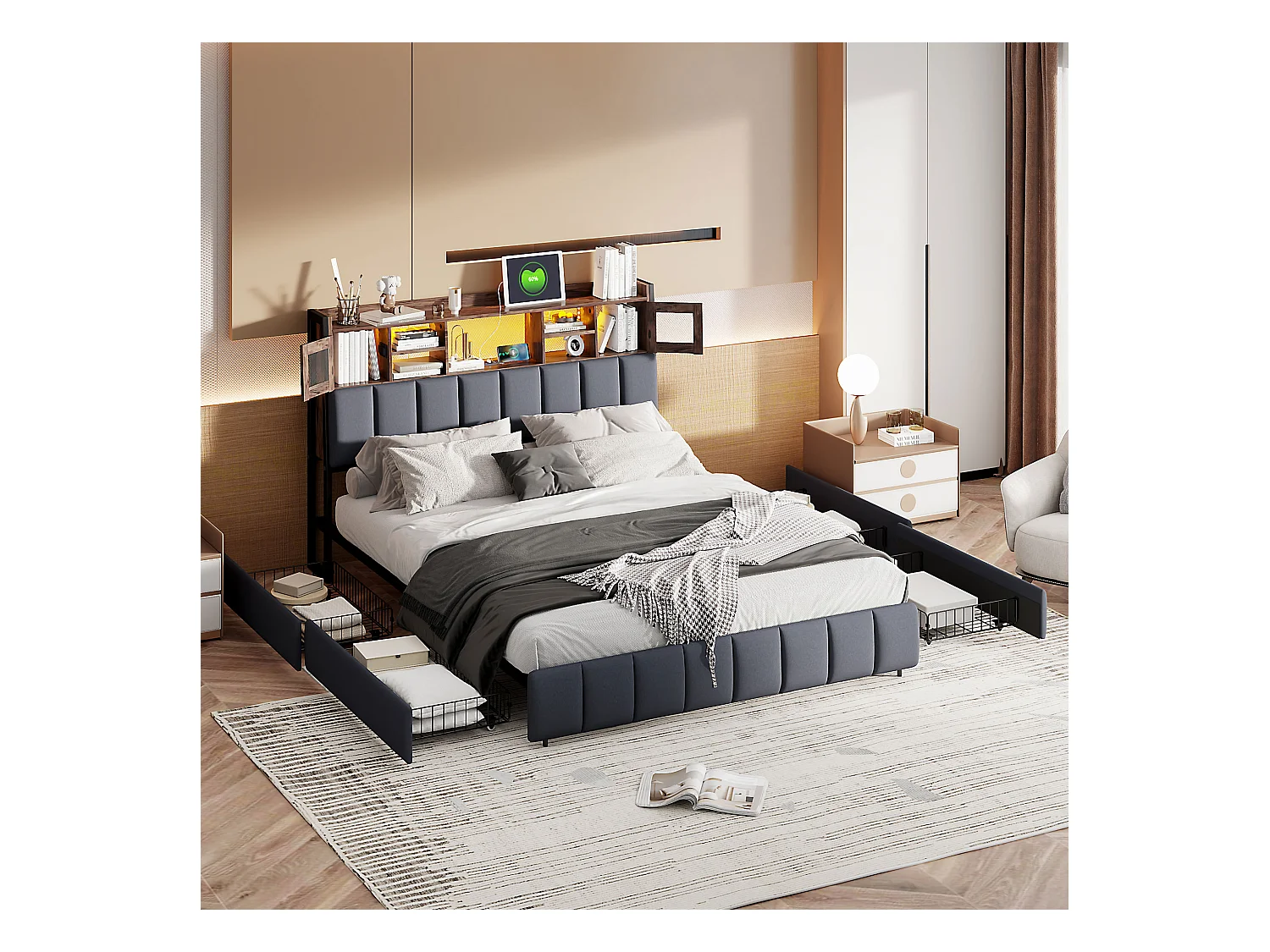 Lit double 160x200cm - lit adulte avec 4 tiroirs, sommier à lattes et tête de lit LED avec étagères et port charge - en lin noir