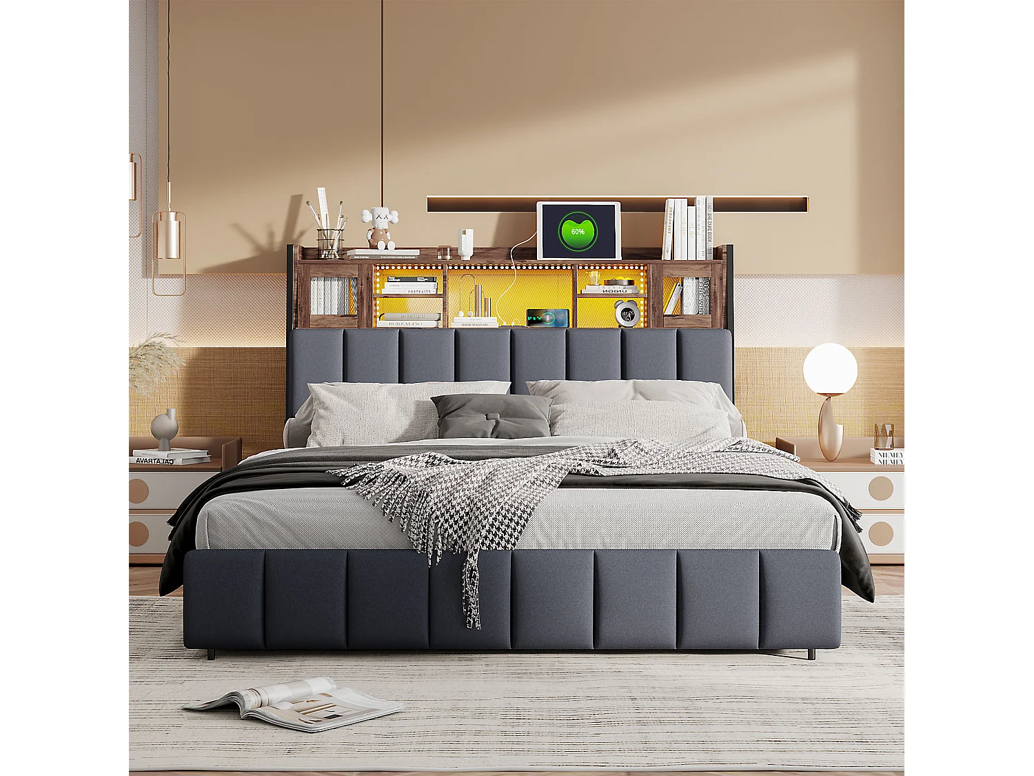 Lit double 160x200cm - lit adulte avec 4 tiroirs, sommier à lattes et tête de lit LED avec étagères et port charge - en lin noir