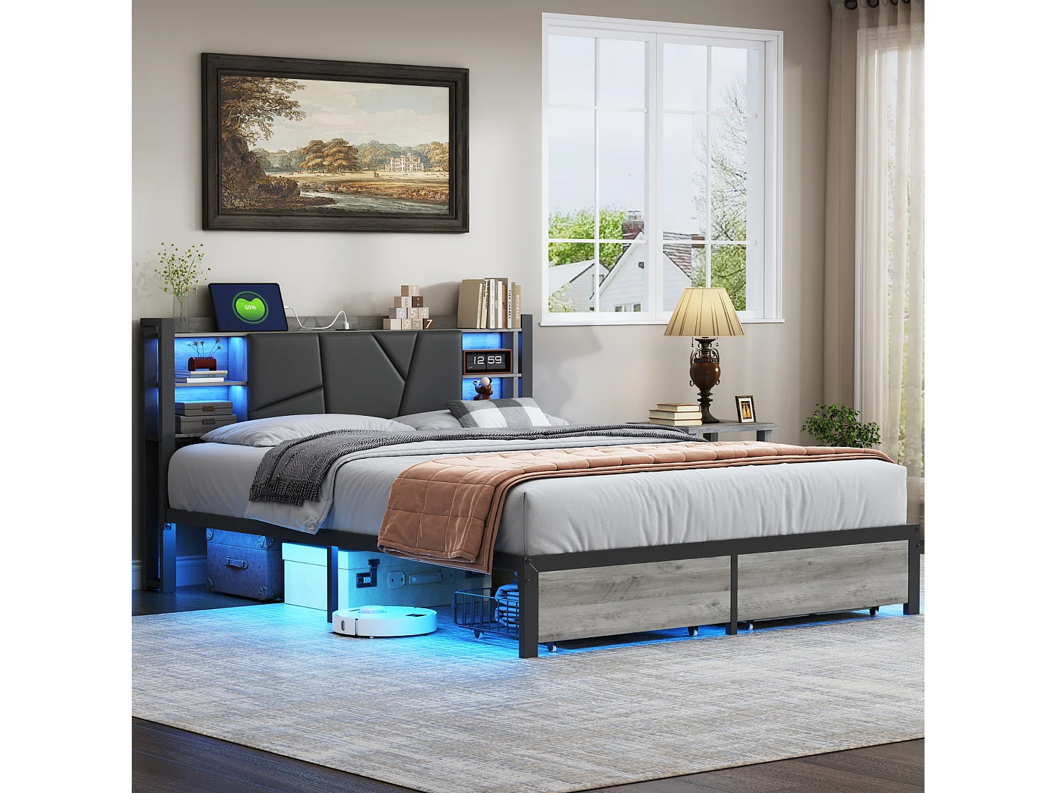 Lit en bois de fer 140*200 tête de lit lit avec lampe avec bout de lit double tiroirs chargeur