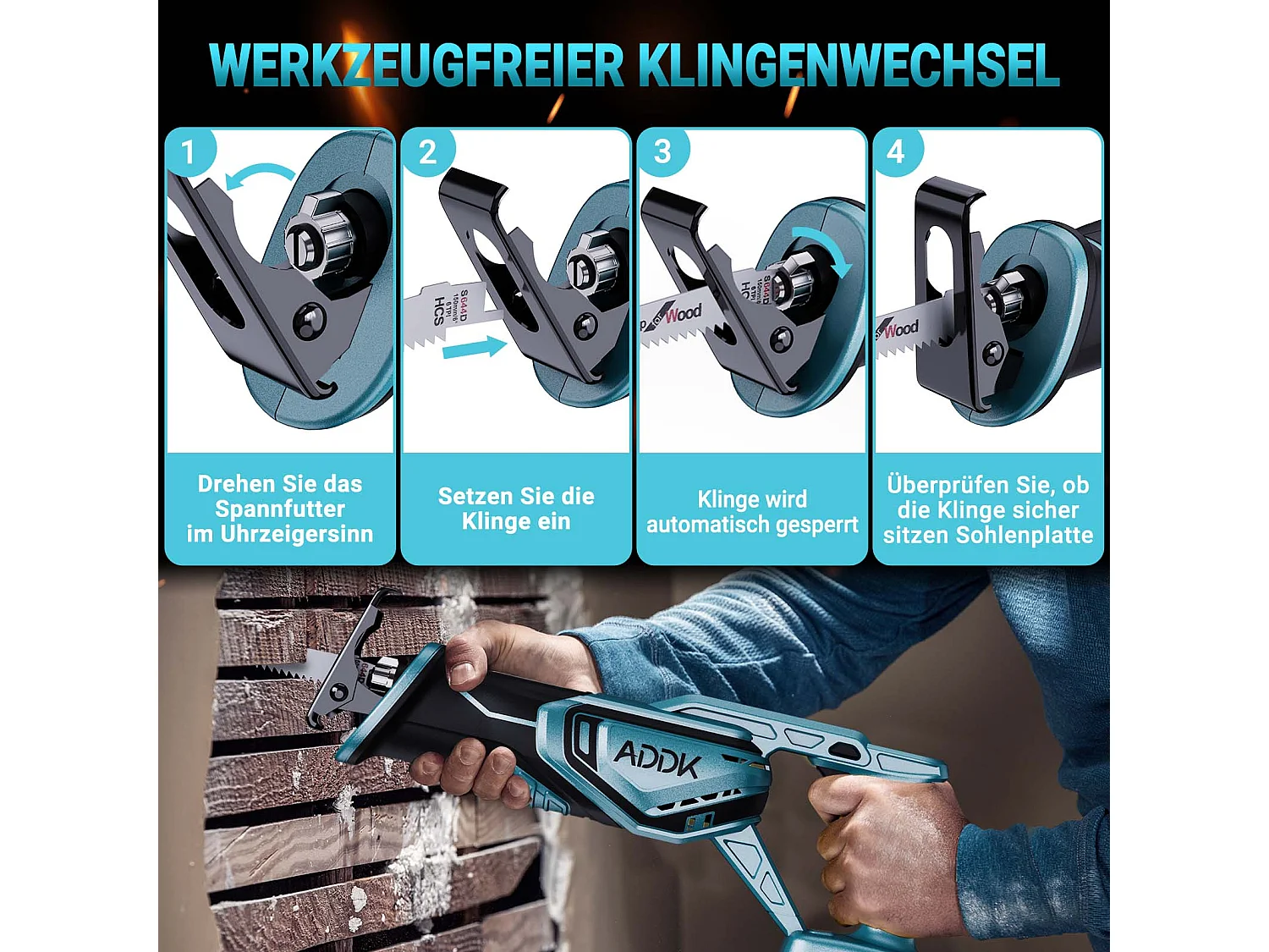 Europäische Säbelsäge (1x Hauptgerät, 1x 4000 mAh Akku, 1x Standladegerät, 2x 644 Schärfklingen, 2x 1531 Sägeblätter, 2x 922 Sägeblätter, 1x Farbkasten)