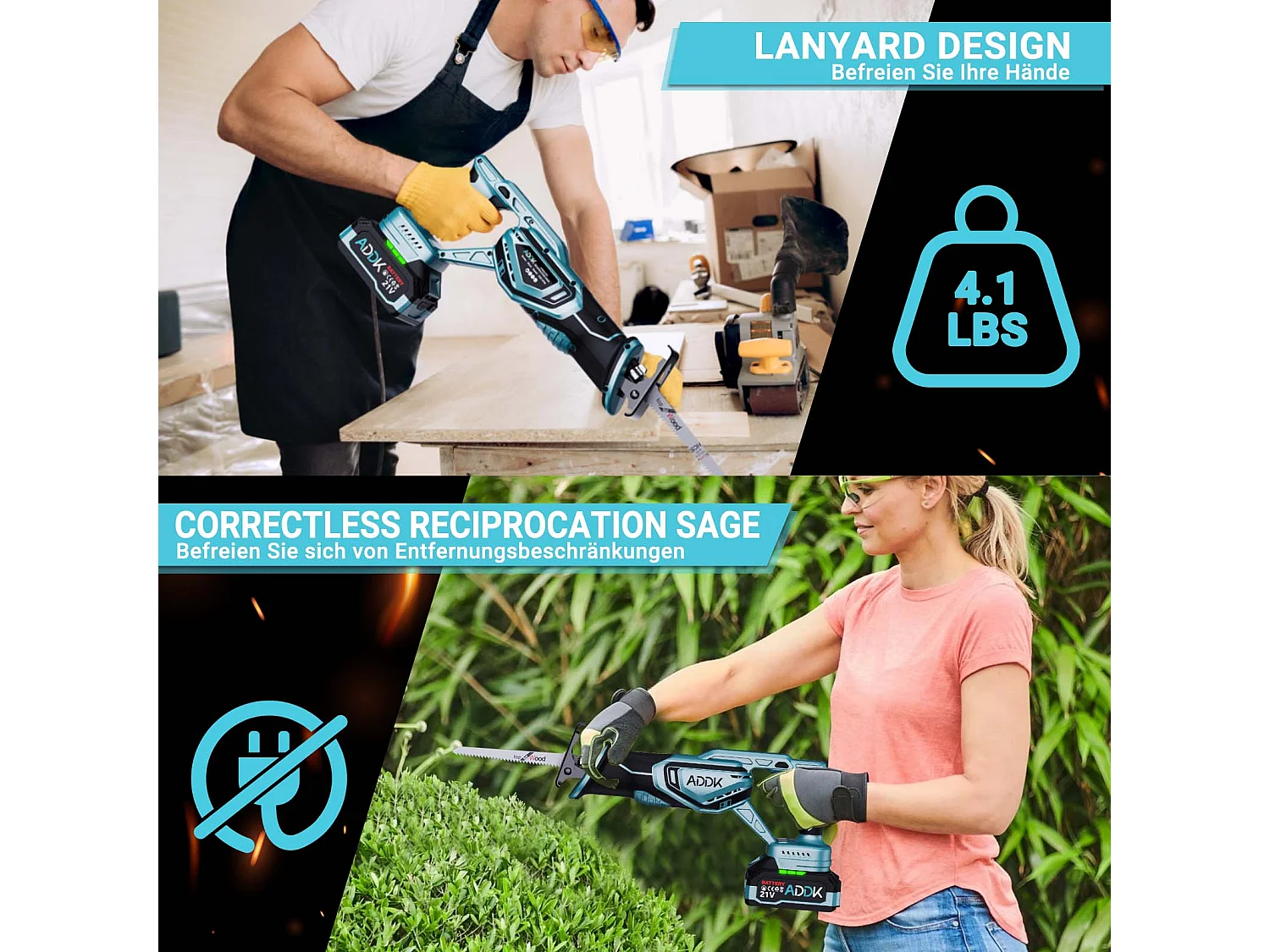 Europäische Säbelsäge (1x Hauptgerät, 1x 4000 mAh Akku, 1x Standladegerät, 2x 644 Schärfklingen, 2x 1531 Sägeblätter, 2x 922 Sägeblätter, 1x Farbkasten)