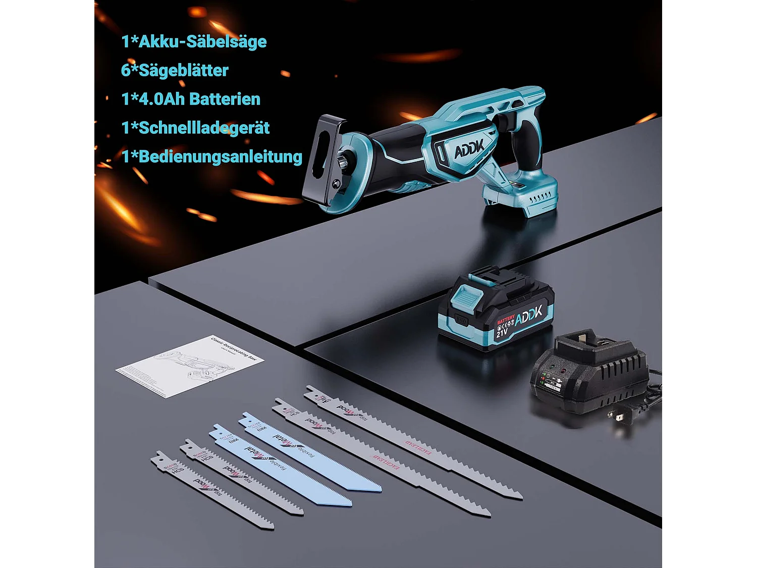 Europäische Säbelsäge (1x Hauptgerät, 1x 4000 mAh Akku, 1x Standladegerät, 2x 644 Schärfklingen, 2x 1531 Sägeblätter, 2x 922 Sägeblätter, 1x Farbkasten)