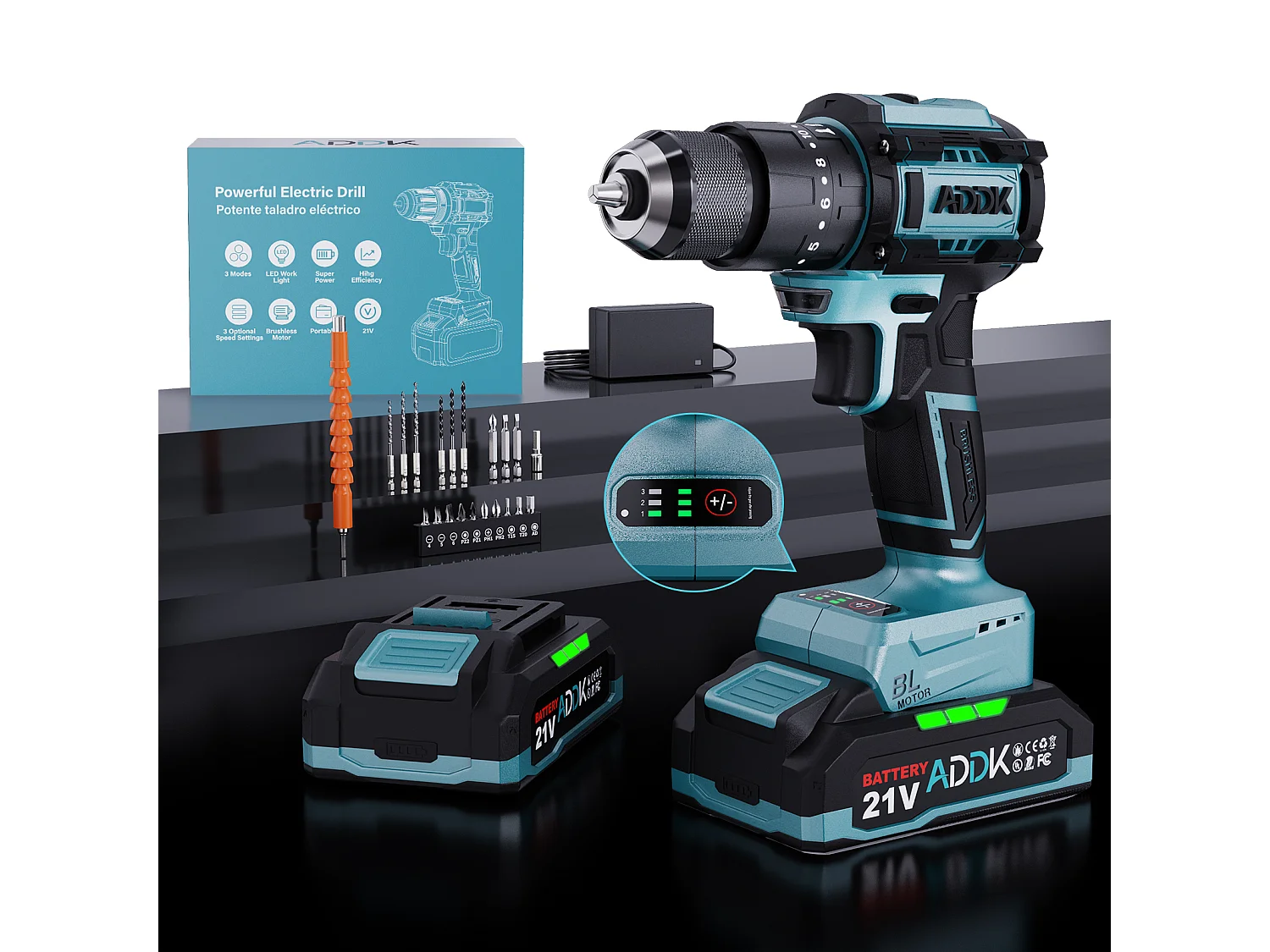 Berbequim de impacto 350W 21V 24+3 modos - 3 posições de velocidade, berbequim portátil - azul (1 bateria)