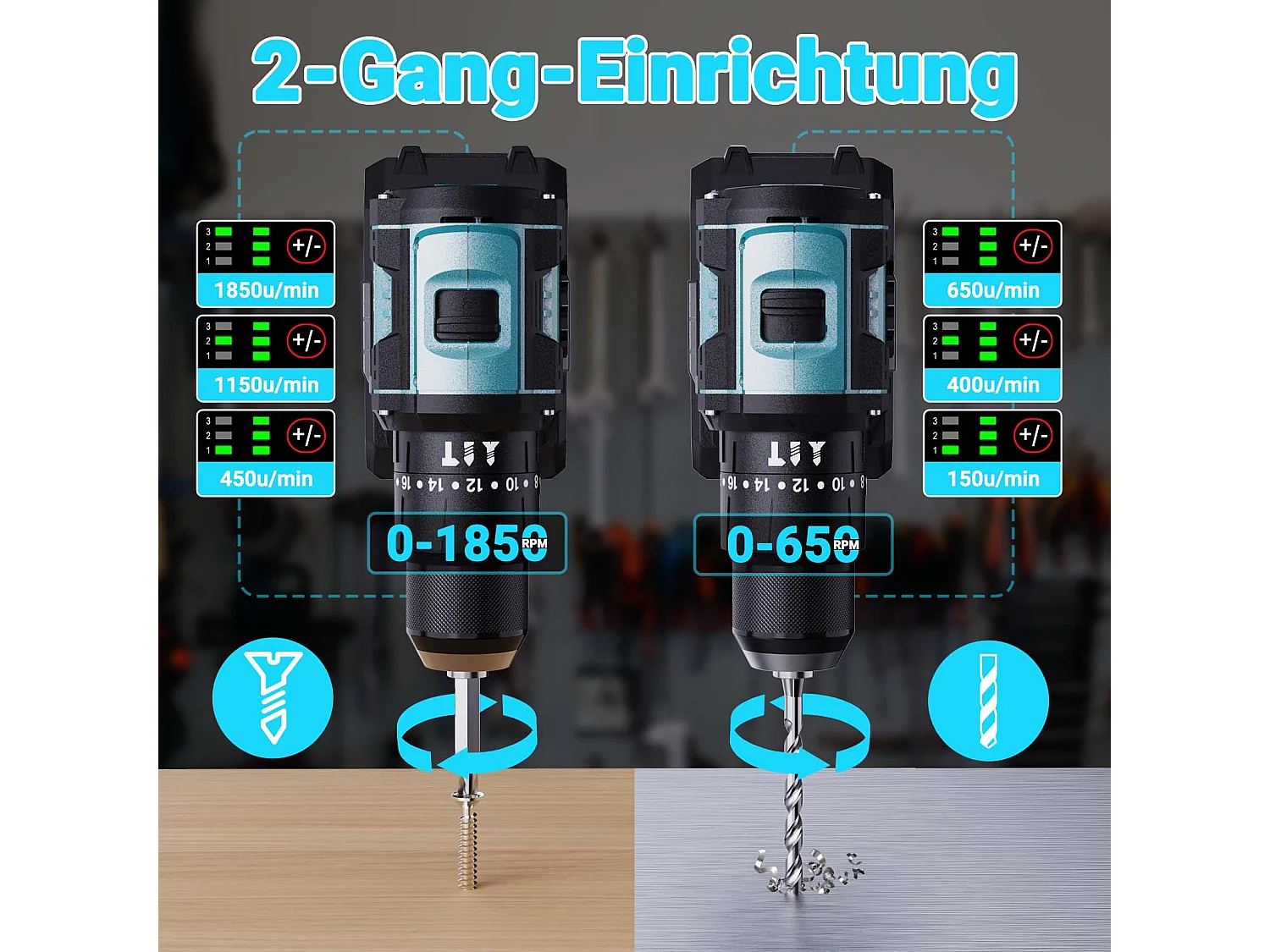 Berbequim de impacto 350W 21V 24+3 modos - 3 posições de velocidade, berbequim portátil - azul (1 bateria)