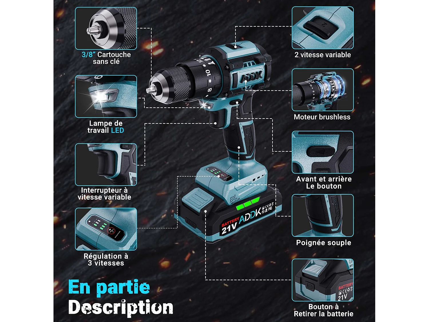 Berbequim de impacto 350W 21V 24+3 modos - 3 posições de velocidade, berbequim portátil - azul (1 bateria)