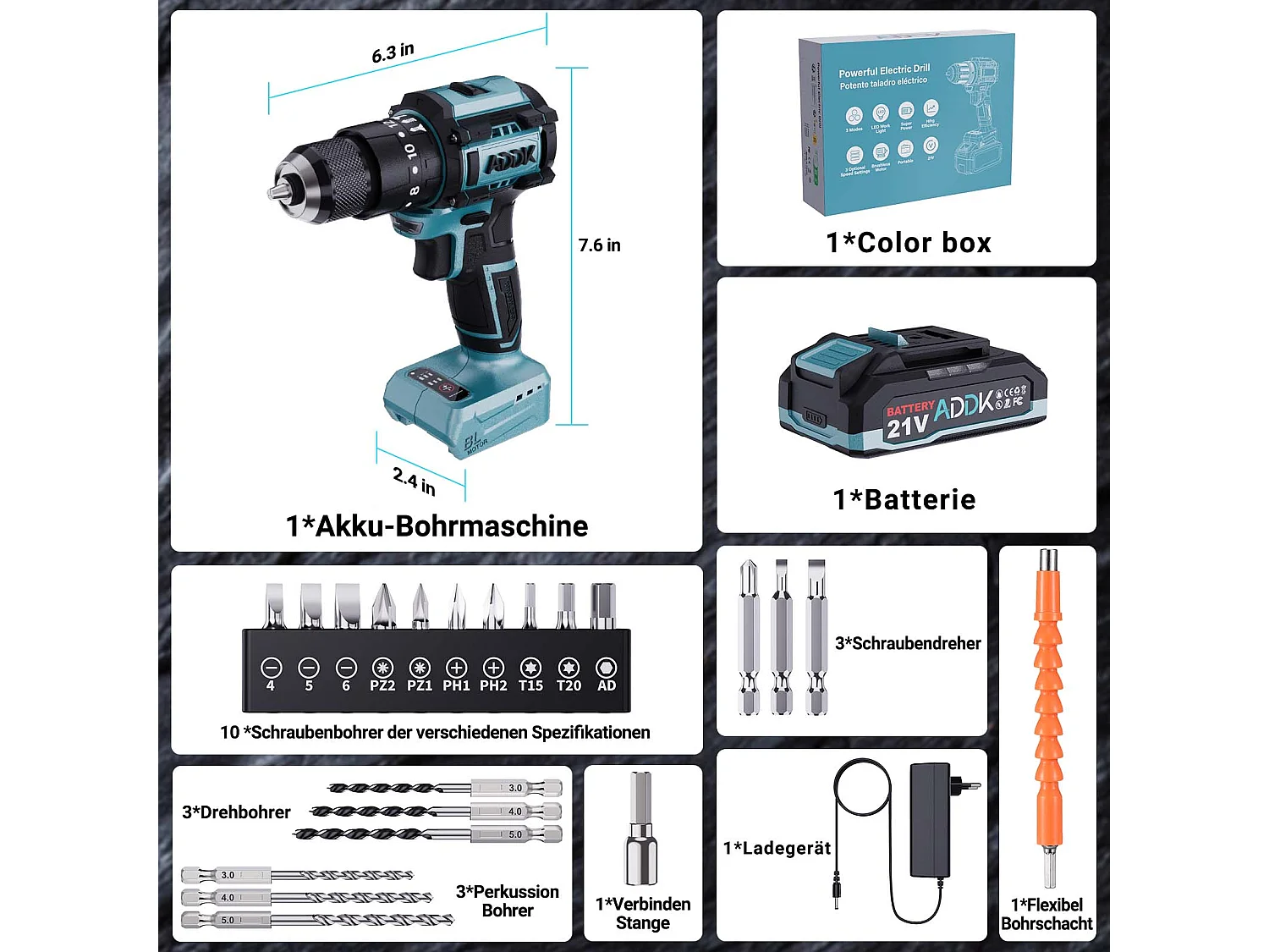 Perceuse Visseuse 350W 21V Mode 24+3 - Réglage 3 Vitesses,  Perceuse Portable - Bleu (1 Batterie)