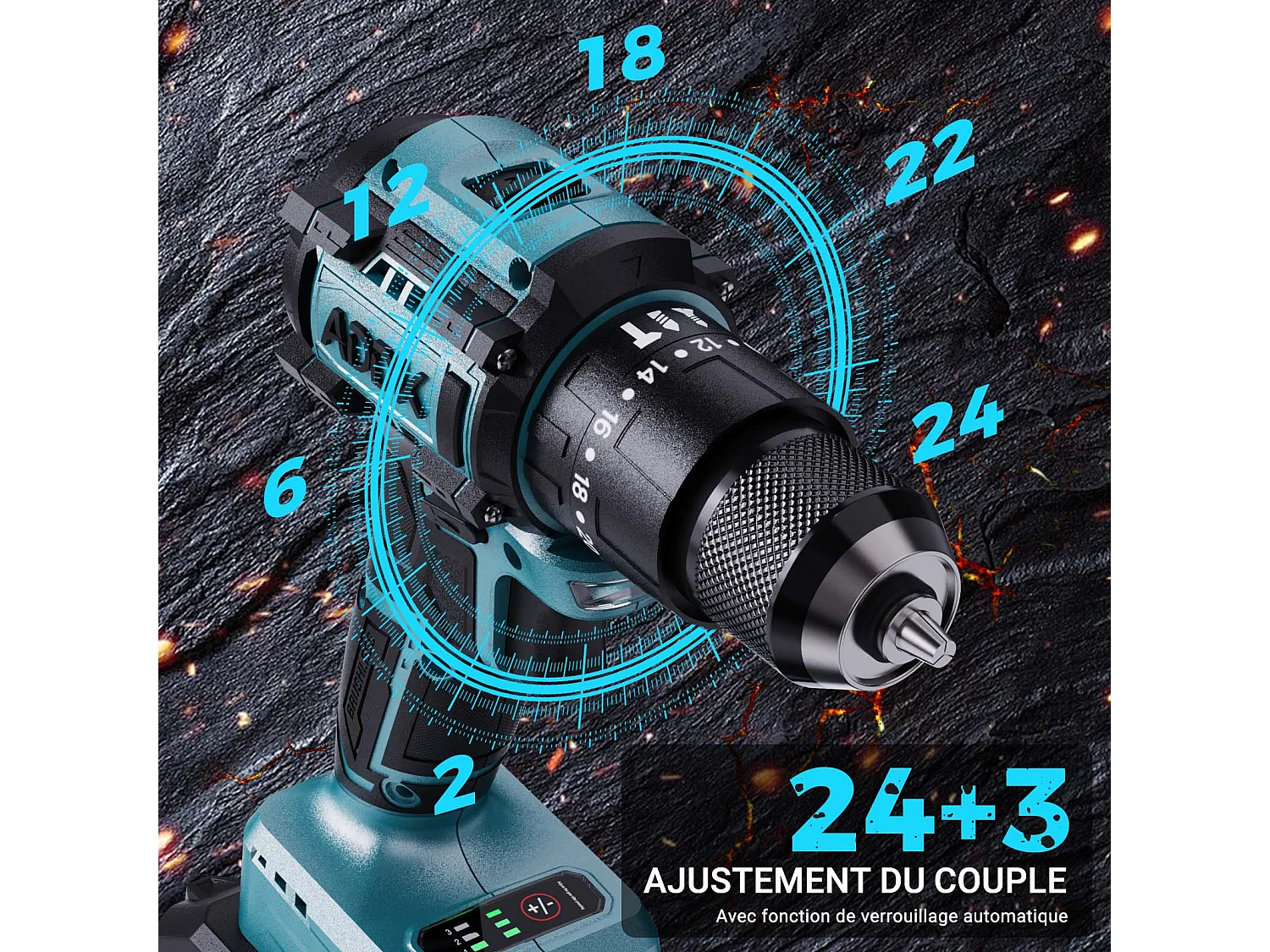 Perceuse Visseuse 350W 21V Mode 24+3 - Réglage 3 Vitesses,  Perceuse Portable - Bleu (1 Batterie)