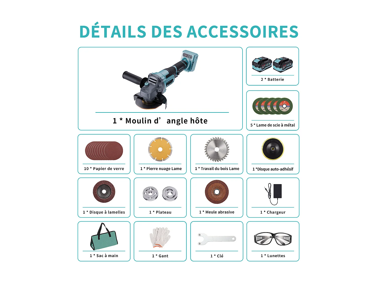 Amoladora angular inalámbrica de 125 mm - 2 baterías de 21 V y 4 Ah - Motor sin escobillas de 9000 rpm - 6 niveles ajustables - con 13 accesorios