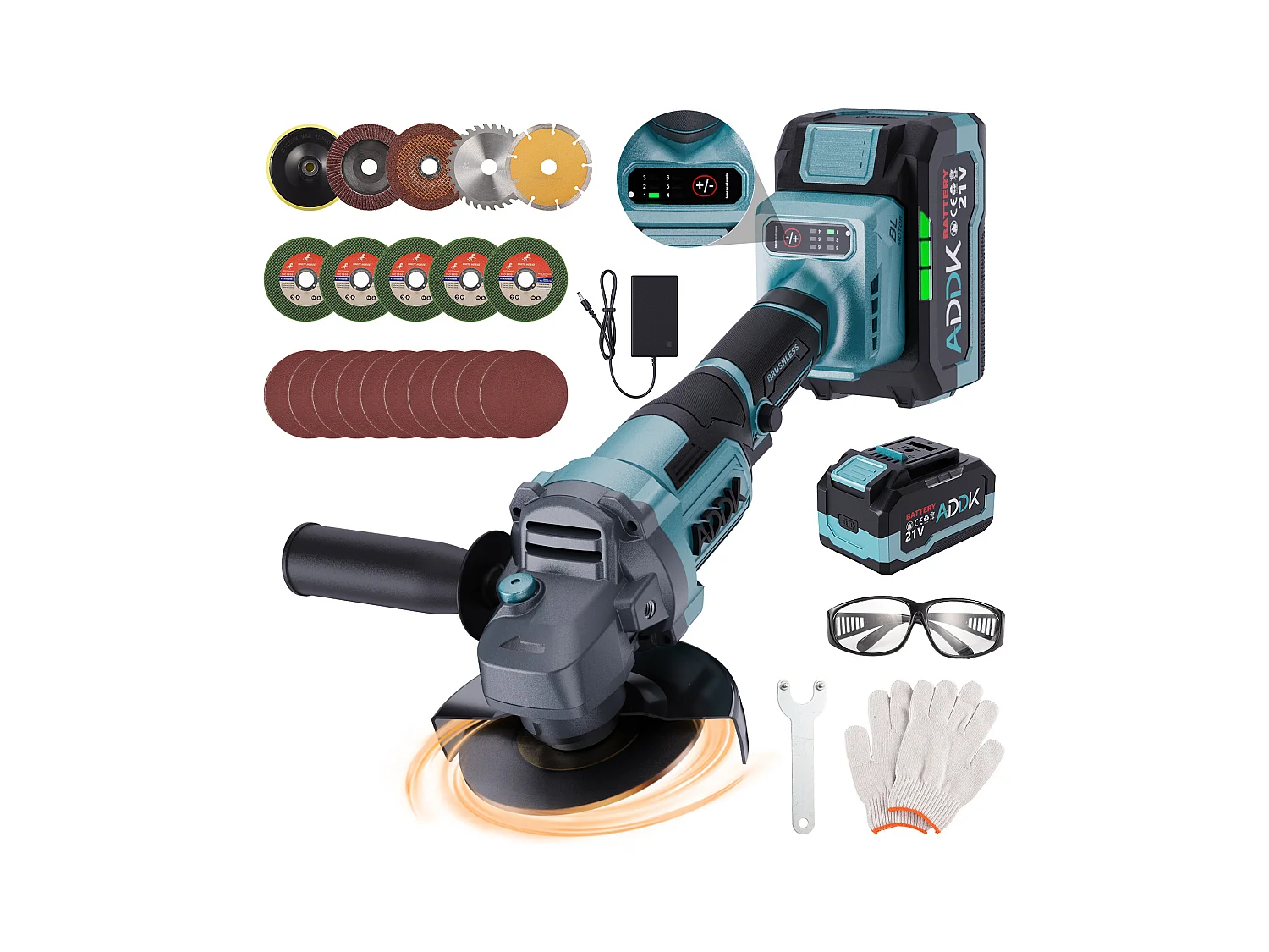 Meuleuse d'angle sans fil 125mm -2xbatterie 21 V 4,0 Ah - moteur sans balais 9 000 tr/min - 6 niveaux réglables - avec 13 acessoires