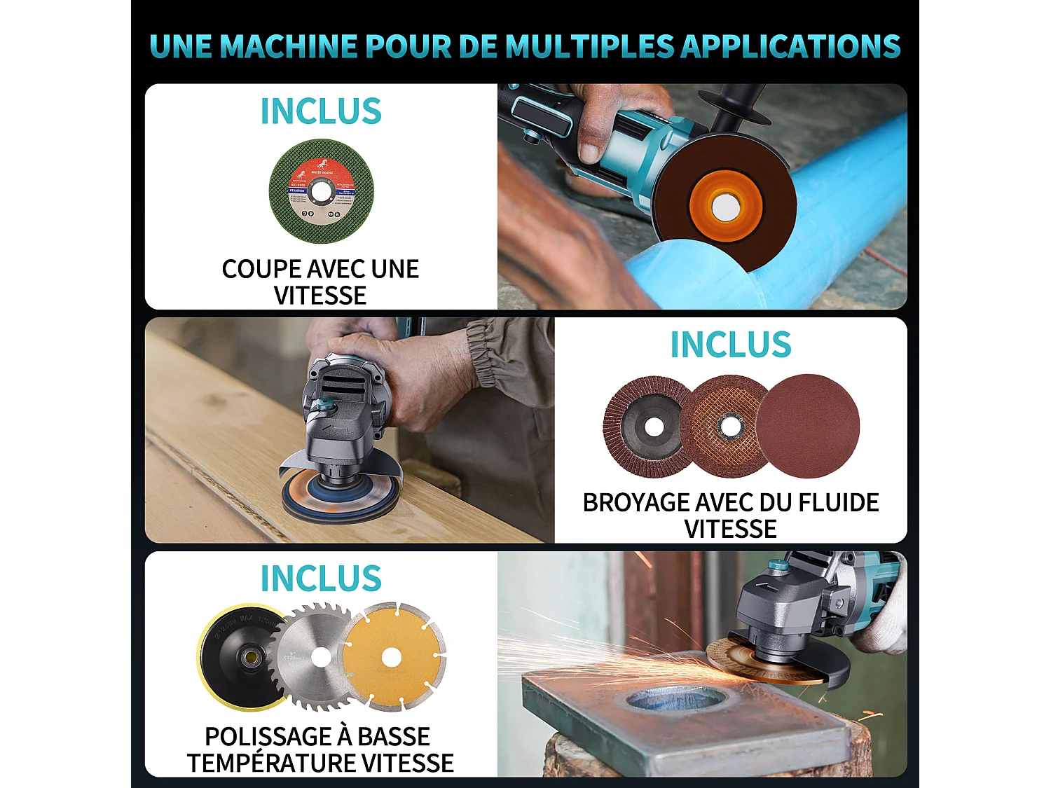 Meuleuse d'angle sans fil 125mm -2xbatterie 21 V 4,0 Ah - moteur sans balais 9 000 tr/min - 6 niveaux réglables - avec 13 acessoires