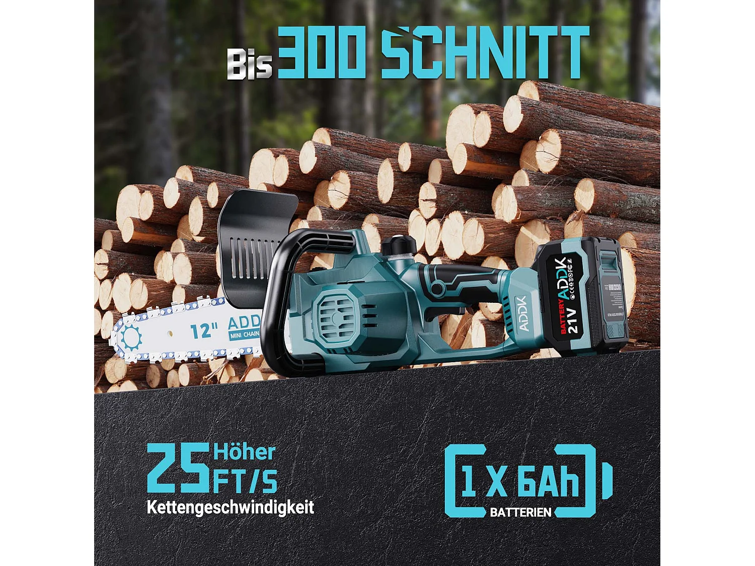 Motosega a batteria con 2 batterie da 21 V 2000 mAh, motore brushless, motosega a batteria nera blu