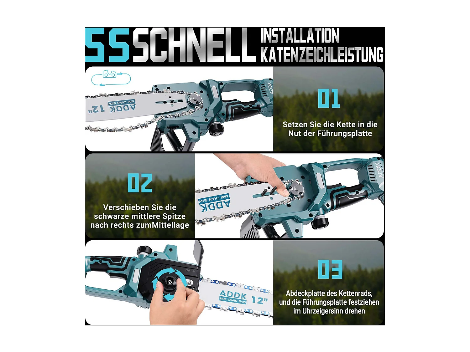 Motosega a batteria con 2 batterie da 21 V 2000 mAh, motore brushless, motosega a batteria nera blu