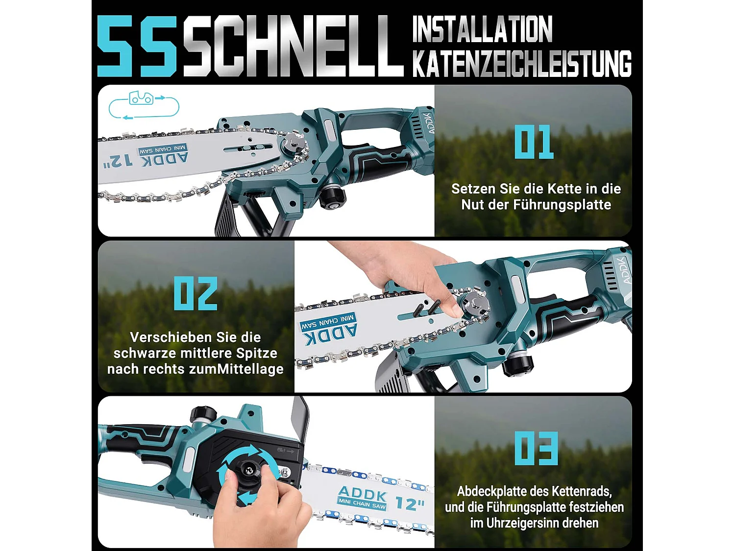 Motosega a batteria con 2 batterie da 21 V 2000 mAh, motore brushless, motosega a batteria nera blu
