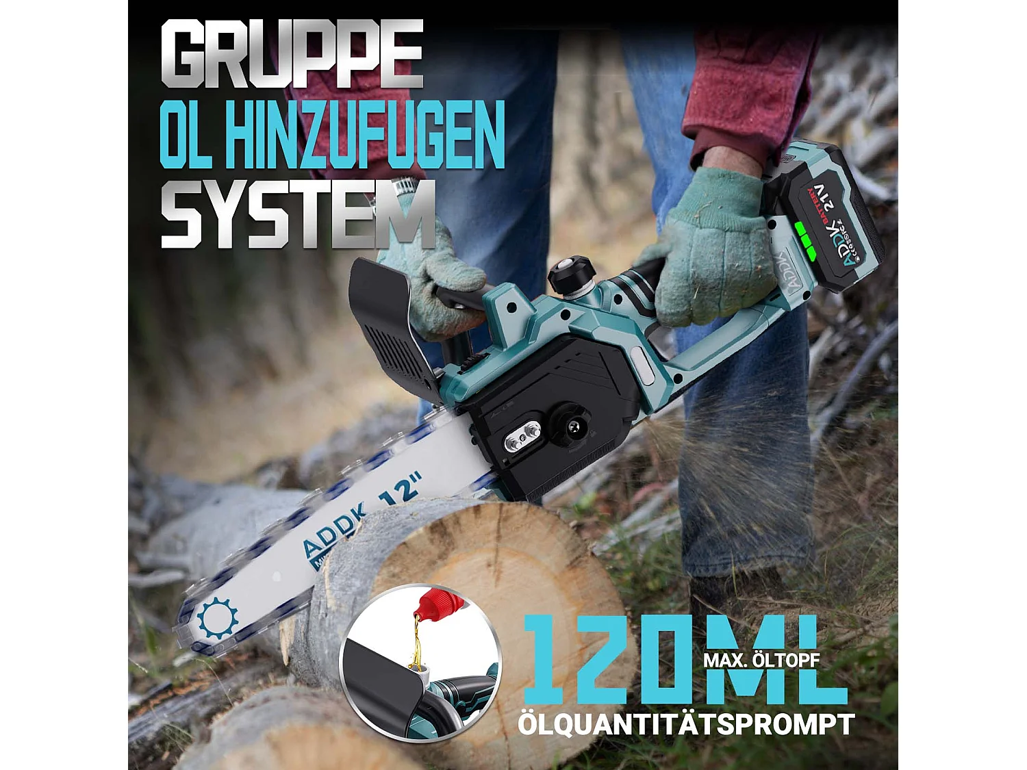 Motosega a batteria con 2 batterie da 21 V 2000 mAh, motore brushless, motosega a batteria nera blu