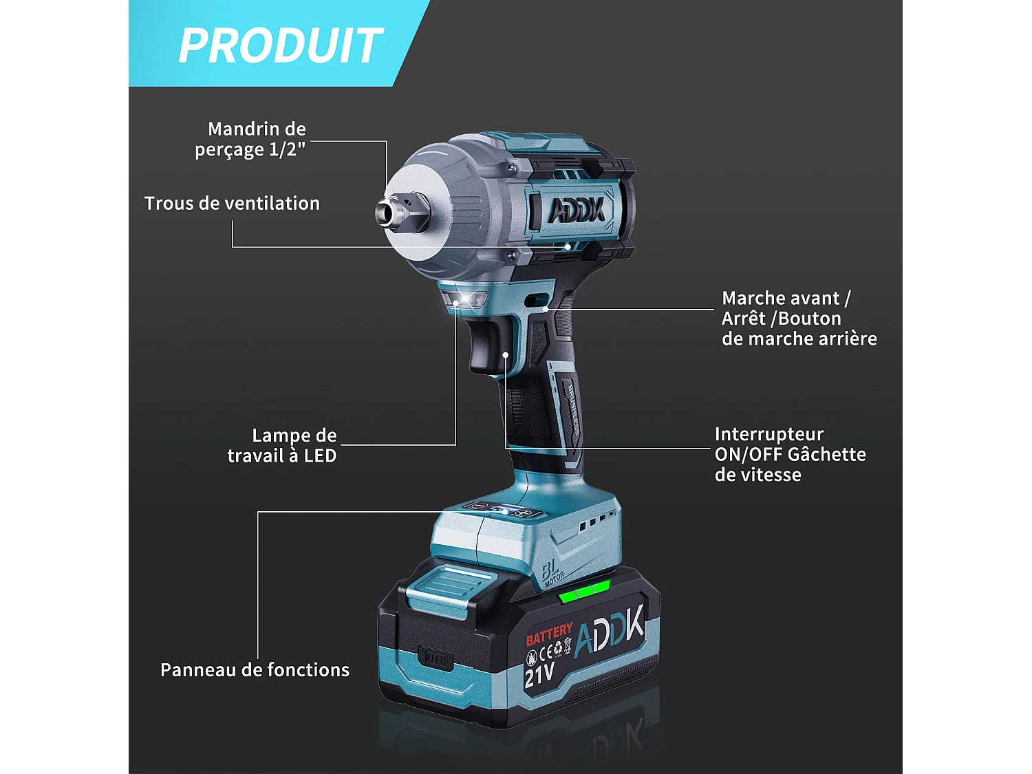 Accu-slagmoersleutel, max. koppel 750 Nm, 4000 mAh Li-ion accu, 21 V borstelloze motor, elektrische slagmoersleutel