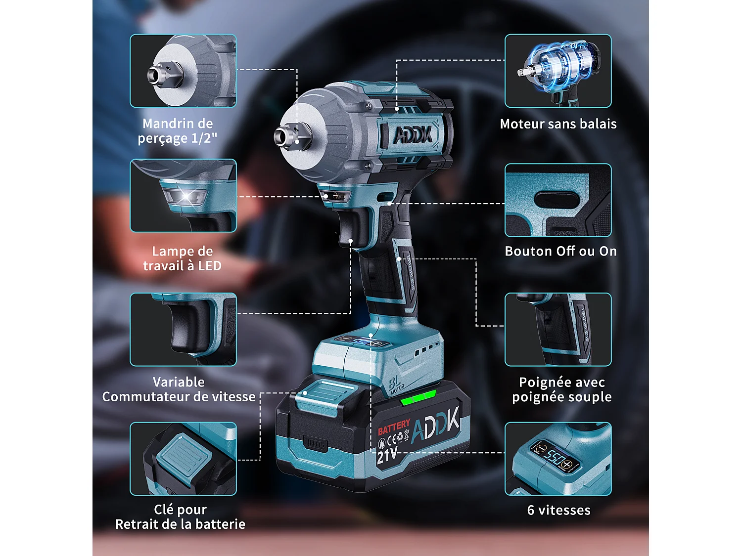 Accu-slagmoersleutel, max. koppel 750 Nm, 4000 mAh Li-ion accu, 21 V borstelloze motor, elektrische slagmoersleutel