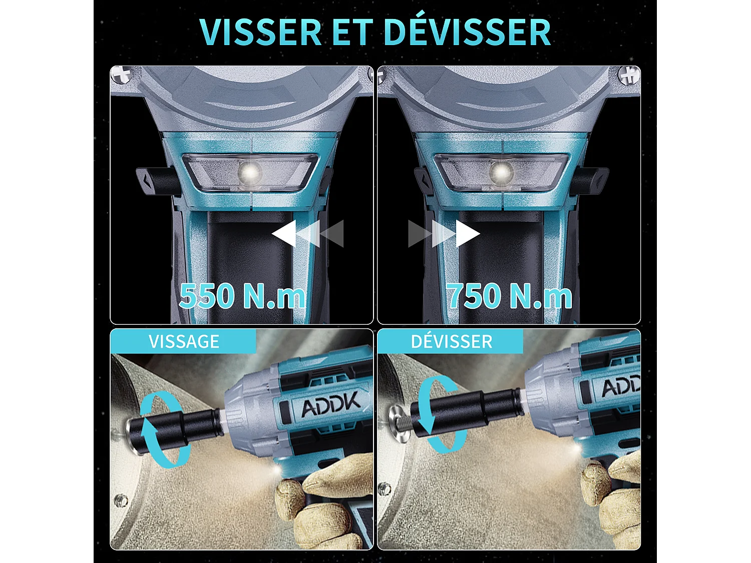 Clé à chocs sans fil Couple maxi 750N.m, batterie Li-ion 4000mAh, moteur sans balais 21V Clé à chocs électrique