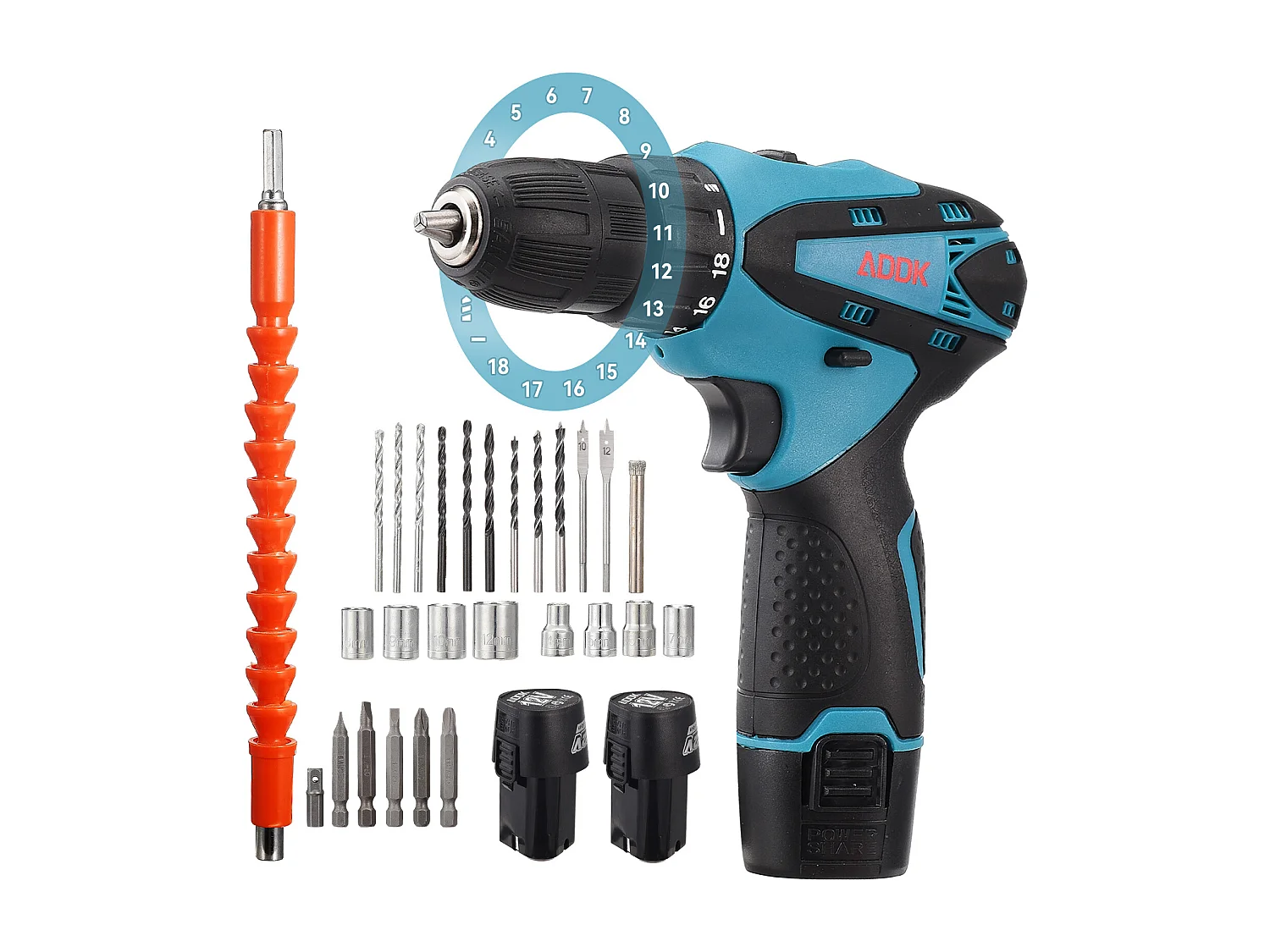 Perceuse Visseuse sans Fil avec lumière LED- 12V - Deux 1.5Ah Batteries - 30 accessoires - moteur brossé - bleu