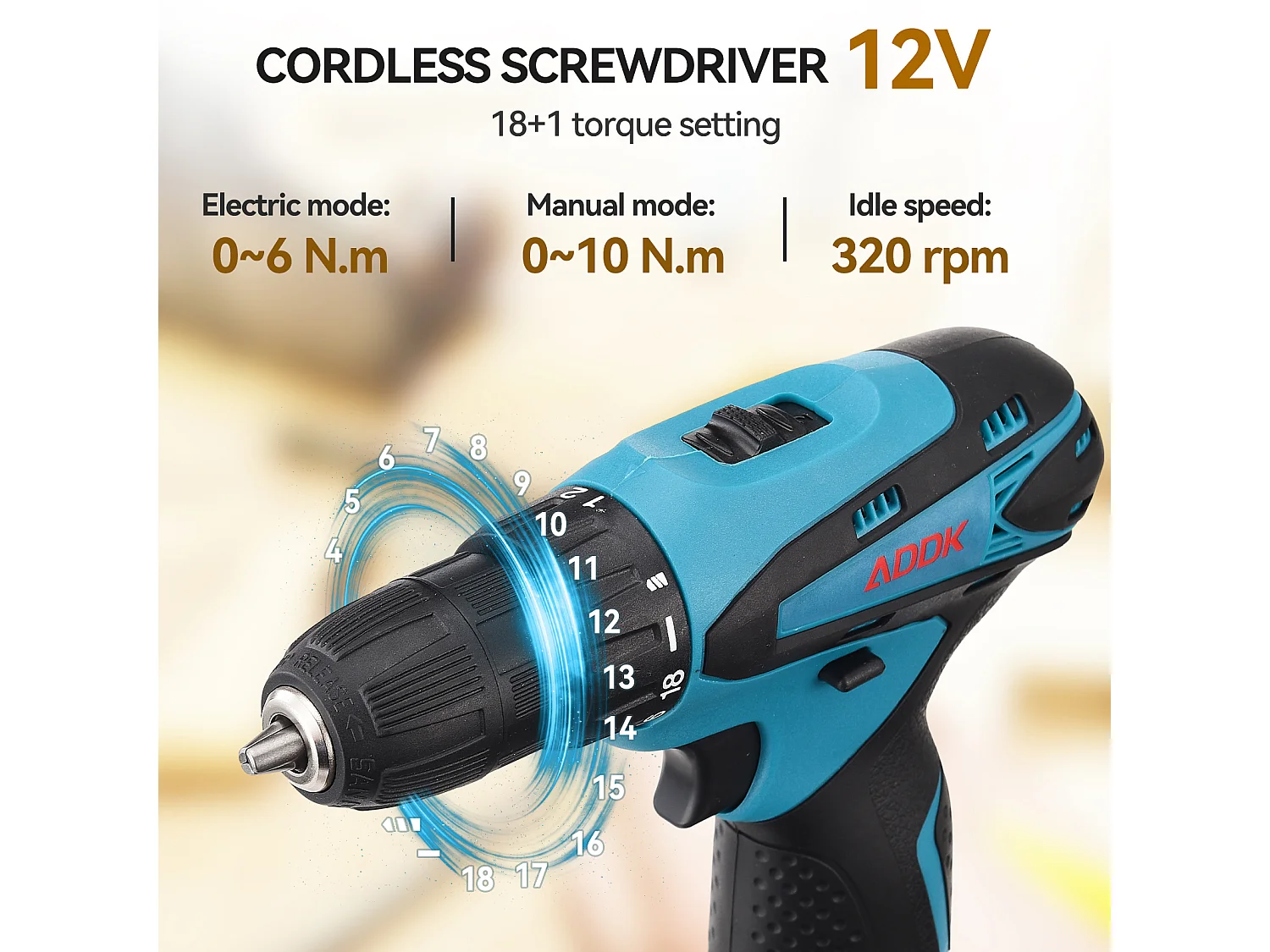 Perceuse Visseuse sans Fil avec lumière LED- 12V - Deux 1.5Ah Batteries - 30 accessoires - moteur brossé - bleu