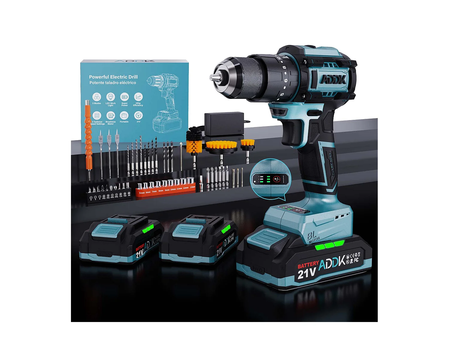 350W 21V boormachine 24+3 standen - 3 snelheidsinstellingen, 0-1850 RPM, max. koppel 65 Nm, draagbare boormachine - blauw (2 accu's)