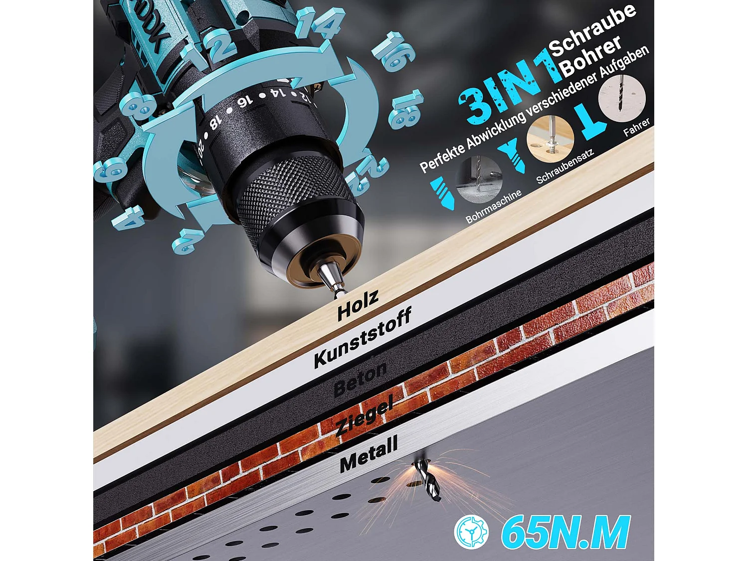 Perceuse Visseuse 350W 21V Mode 24+3 - Réglage 3 Vitesses, 0-1850 RPM, Couple Max 65Nm, Perceuse Portable - Bleu (2 Batterie)