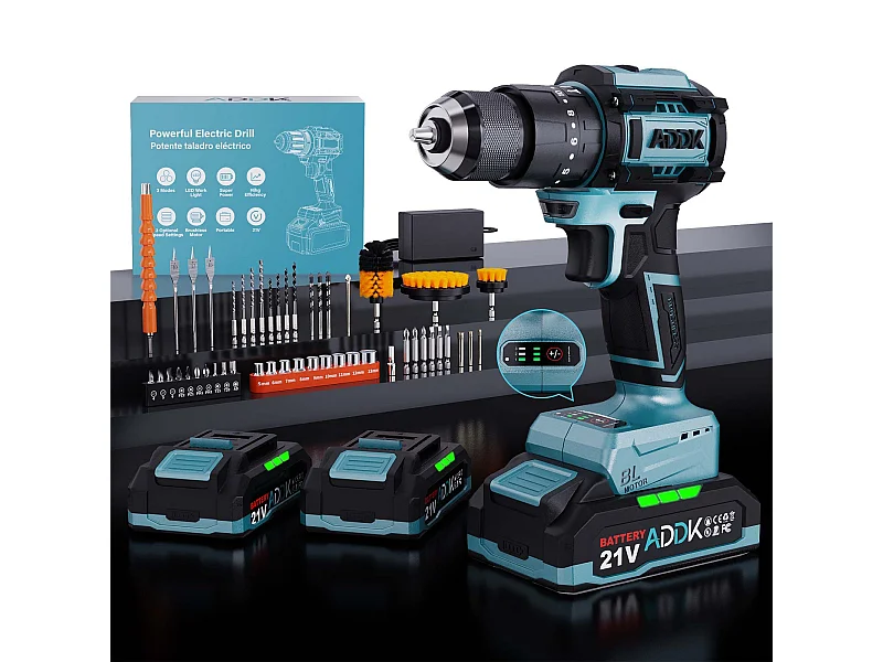 Perceuse Visseuse 350W 21V Mode 24+3 - Réglage 3 Vitesses, 0-1850 RPM, Couple Max 65Nm, Perceuse Portable - Bleu (2 Batterie)