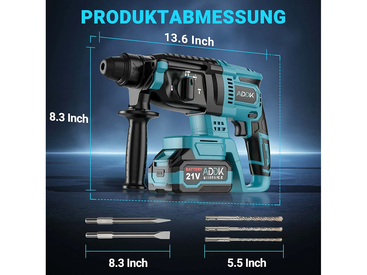 600 W 21 V 4,0 Ah Bohrhammer - Maximale Drehzahl 1500 U/min, Optimaler Bohrbereich 8-16 mm, 3 Betriebsarten - Blau