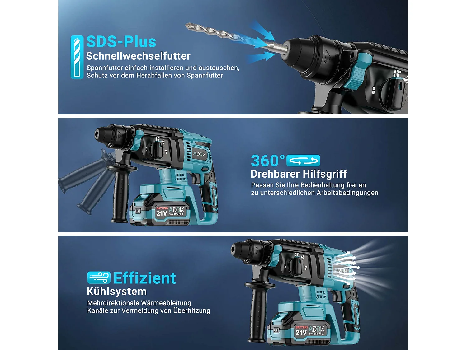 600 W 21 V 4,0 Ah Bohrhammer - Maximale Drehzahl 1500 U/min, Optimaler Bohrbereich 8-16 mm, 3 Betriebsarten - Blau