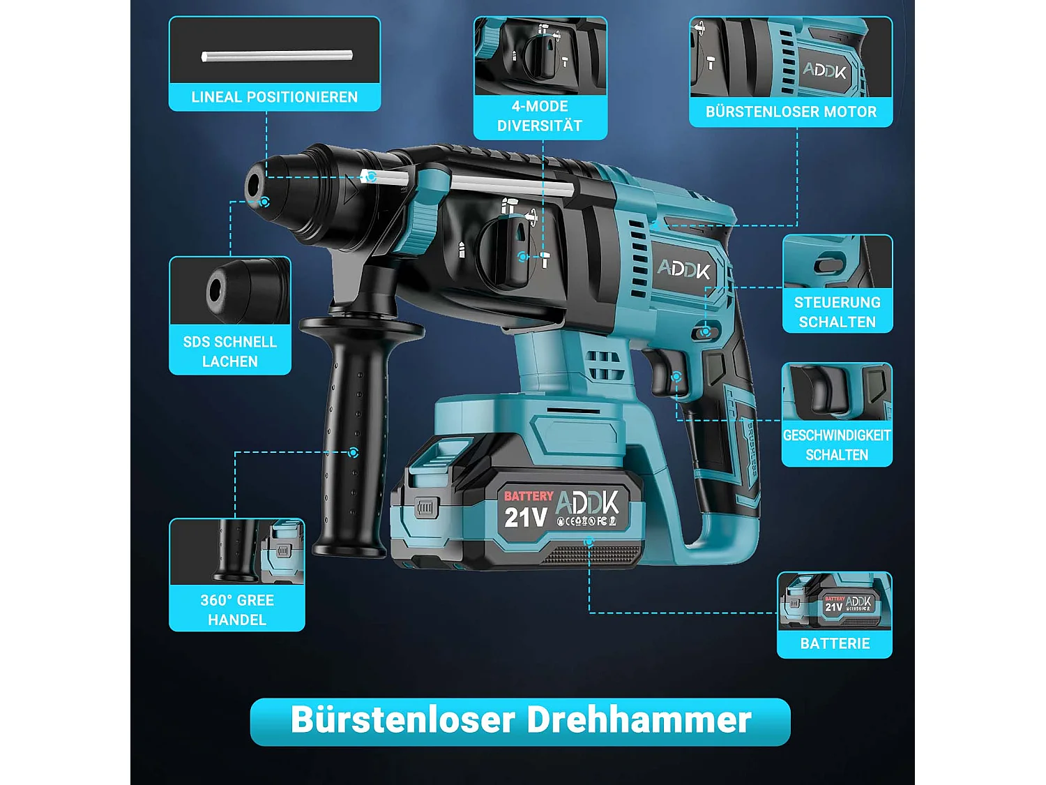 600 W 21 V 4,0 Ah Bohrhammer - Maximale Drehzahl 1500 U/min, Optimaler Bohrbereich 8-16 mm, 3 Betriebsarten - Blau